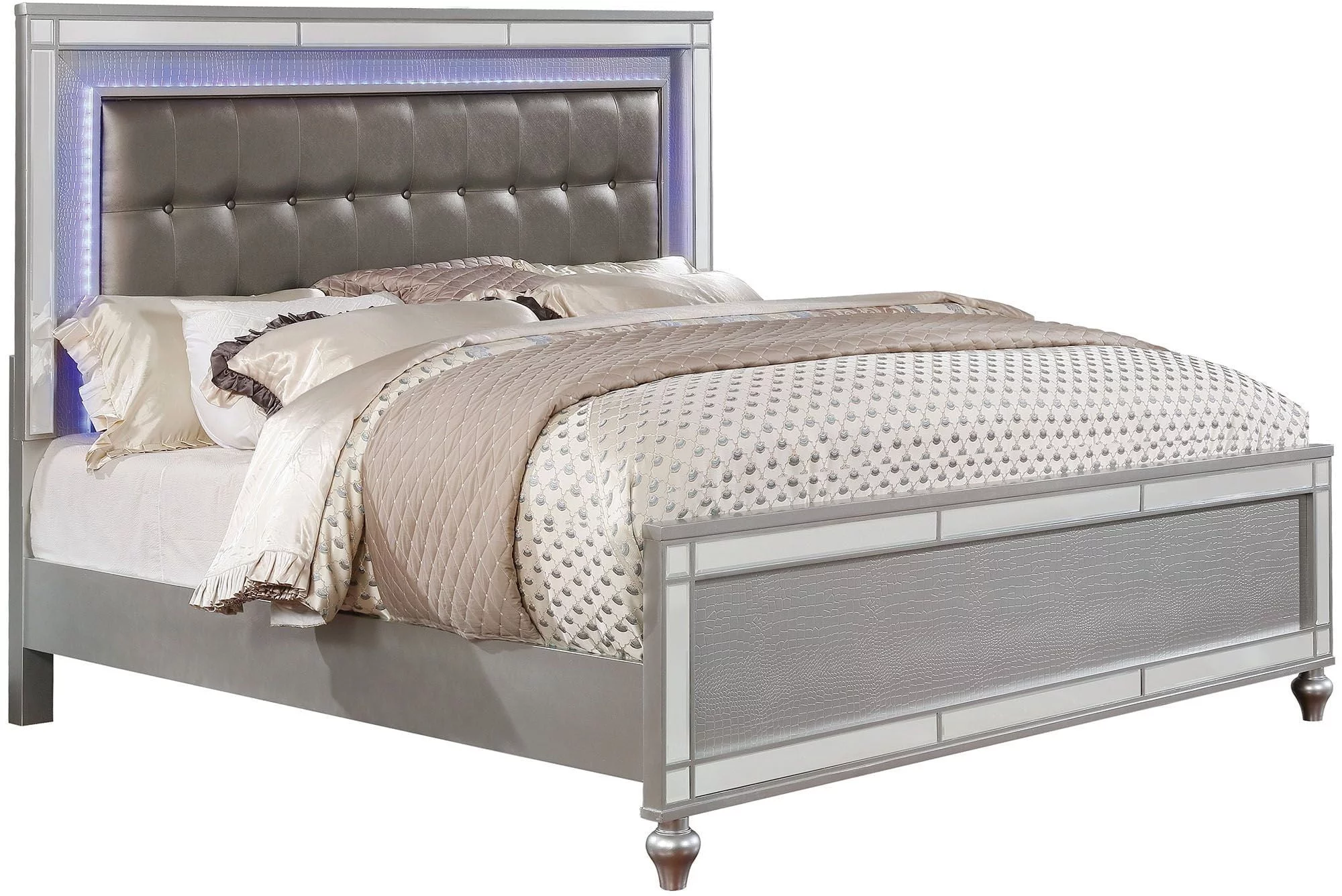Silver Color Contemporary Style California King Size Bed 1p Bedframe Bedroom Furniture Button Tufted Headboard W LED Mirror Trim