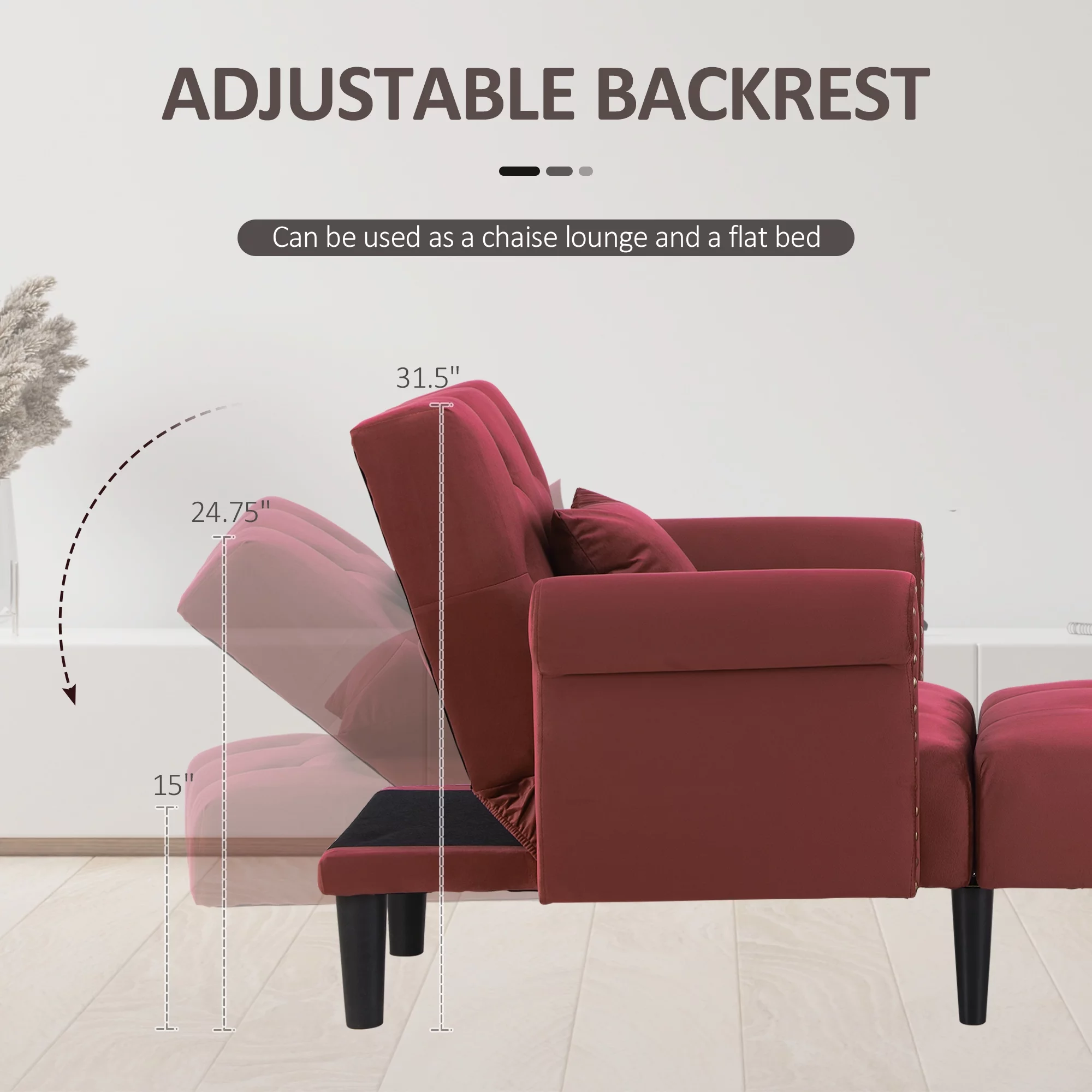 HOMCOM 2-in-1 Modern Chaise Lounge Indoor with Rolled Armrest, Nailhead Trim and Button Tufting, Red