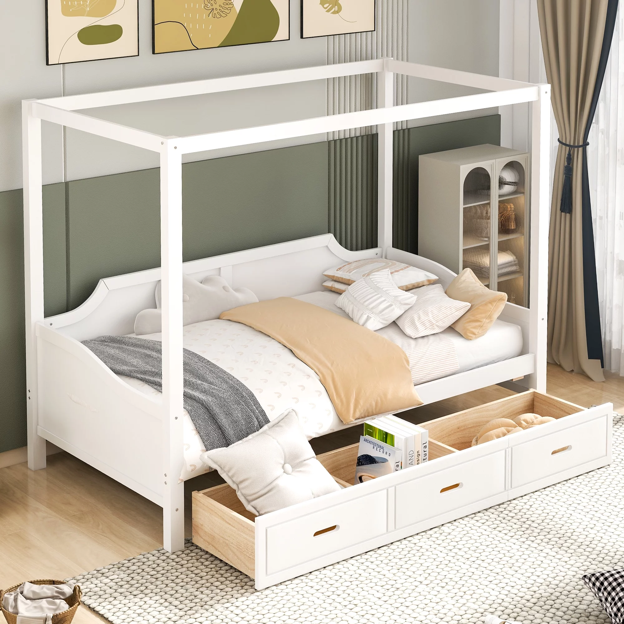 CoSoTower Twin Size Wooden Canopy Daybed with 3 in 1 Storage Drawers, White