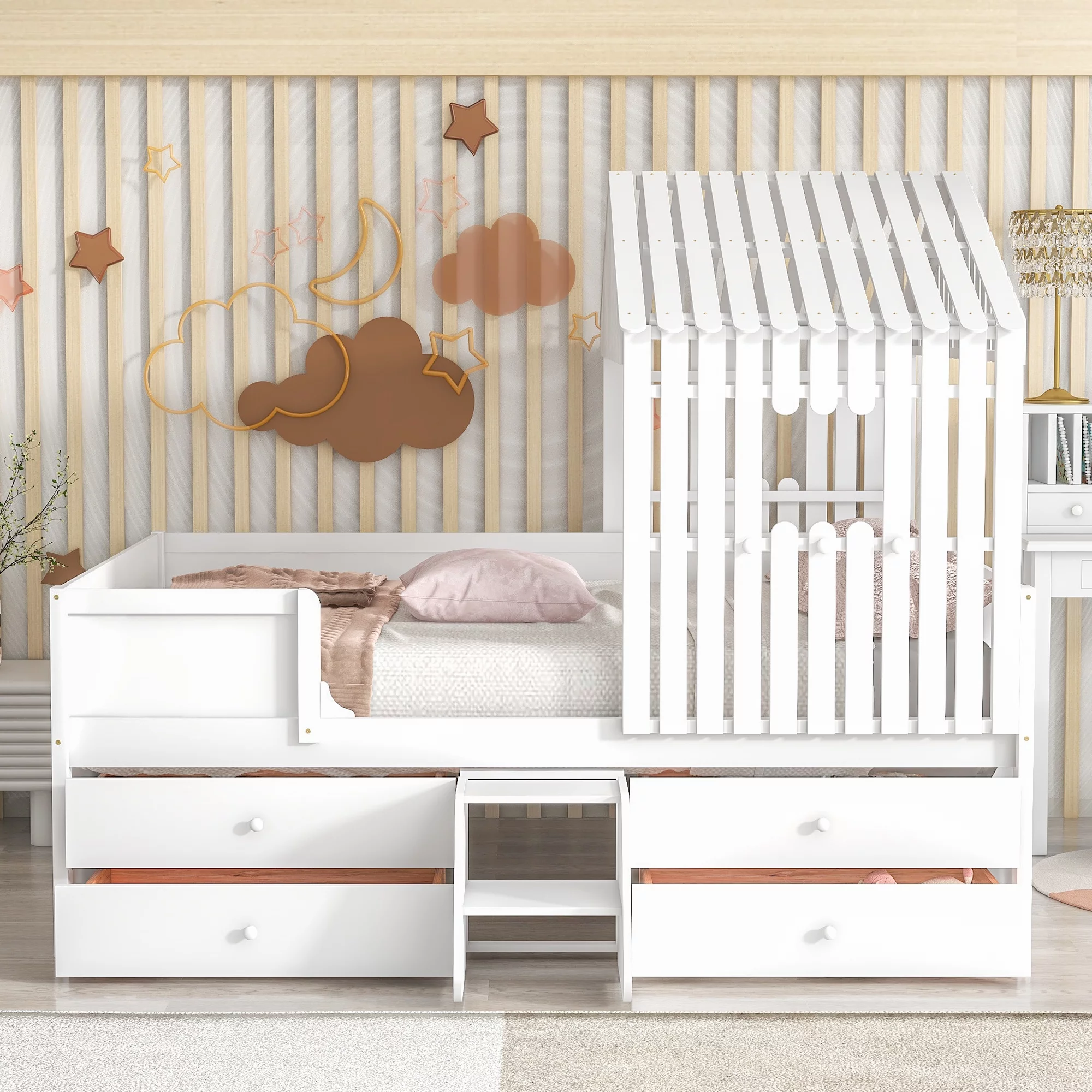 Low Loft Bed with 4 Drawers, Full Size House-shaped Bunk Bed for Kids Teens, Solid Wood Bed Frame with Guardrails and Roof, No Box Spring Needed, White, L0119