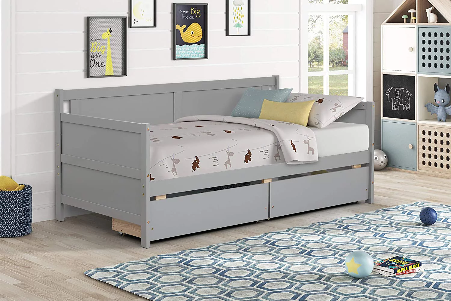 Daybed With Two Drawers, Wood Size Sofa Bed Frame With Wooden Slat Supports, Storage Daybed For Bedroom, Living Room (Grey, With Drawers)