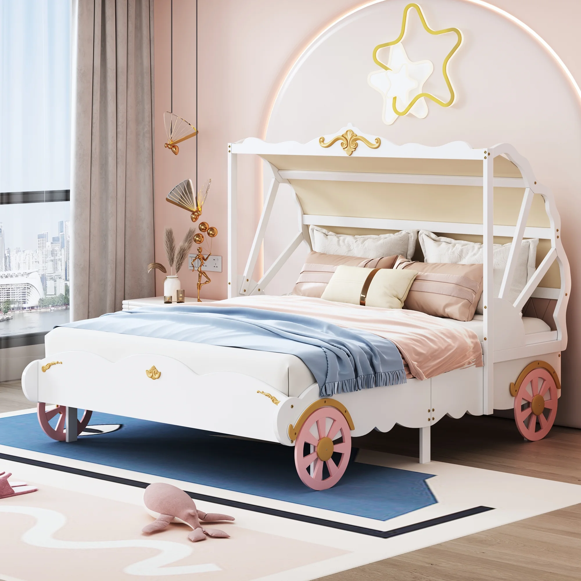 CoSoTower Full Size Princess Carriage Bed with Canopy, Wood Platform Car Bed with 3D Carving Pattern, White+Pink+Gold