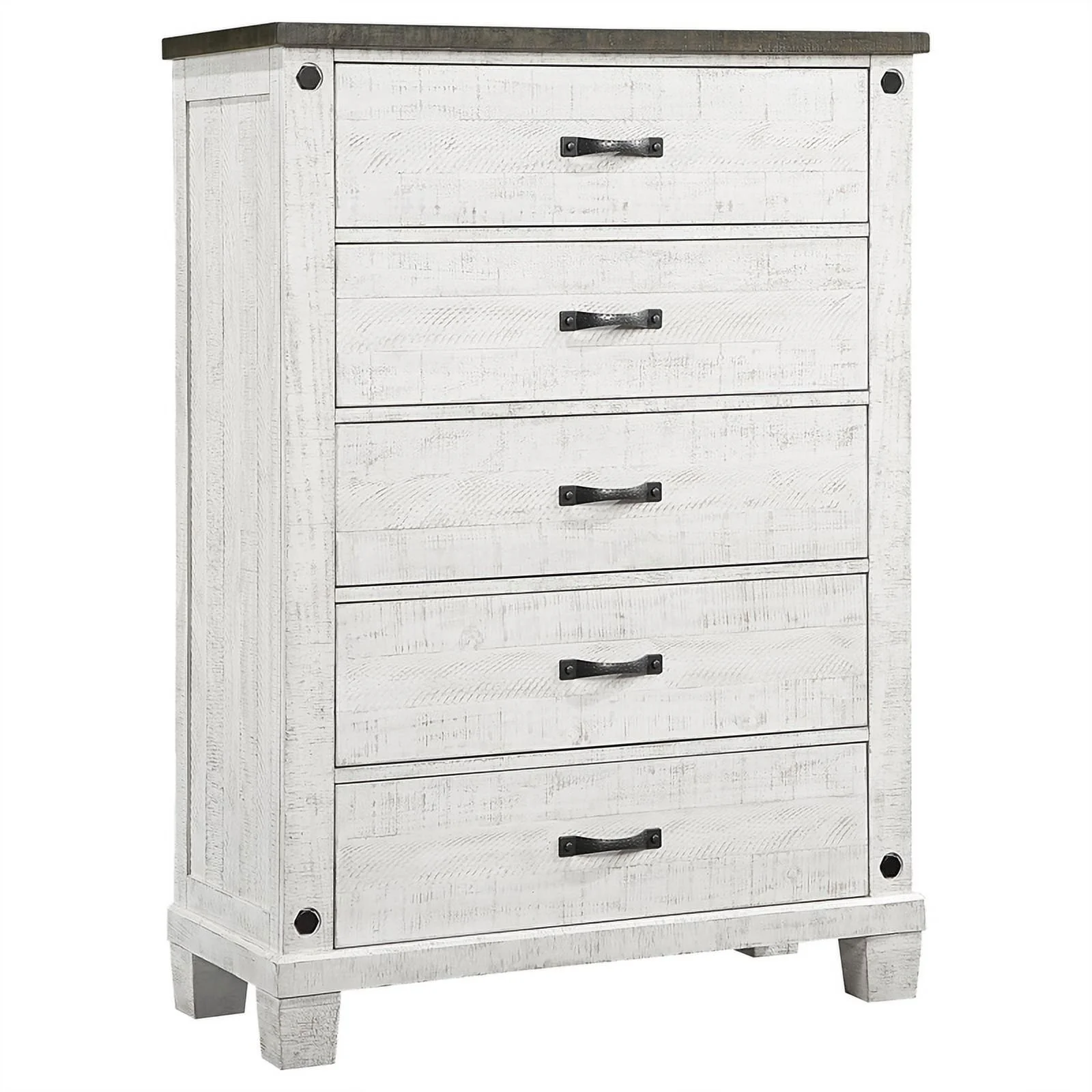 Pemberly Row 5 Drawer Wood Chest Distressed Distressed Gray and White
