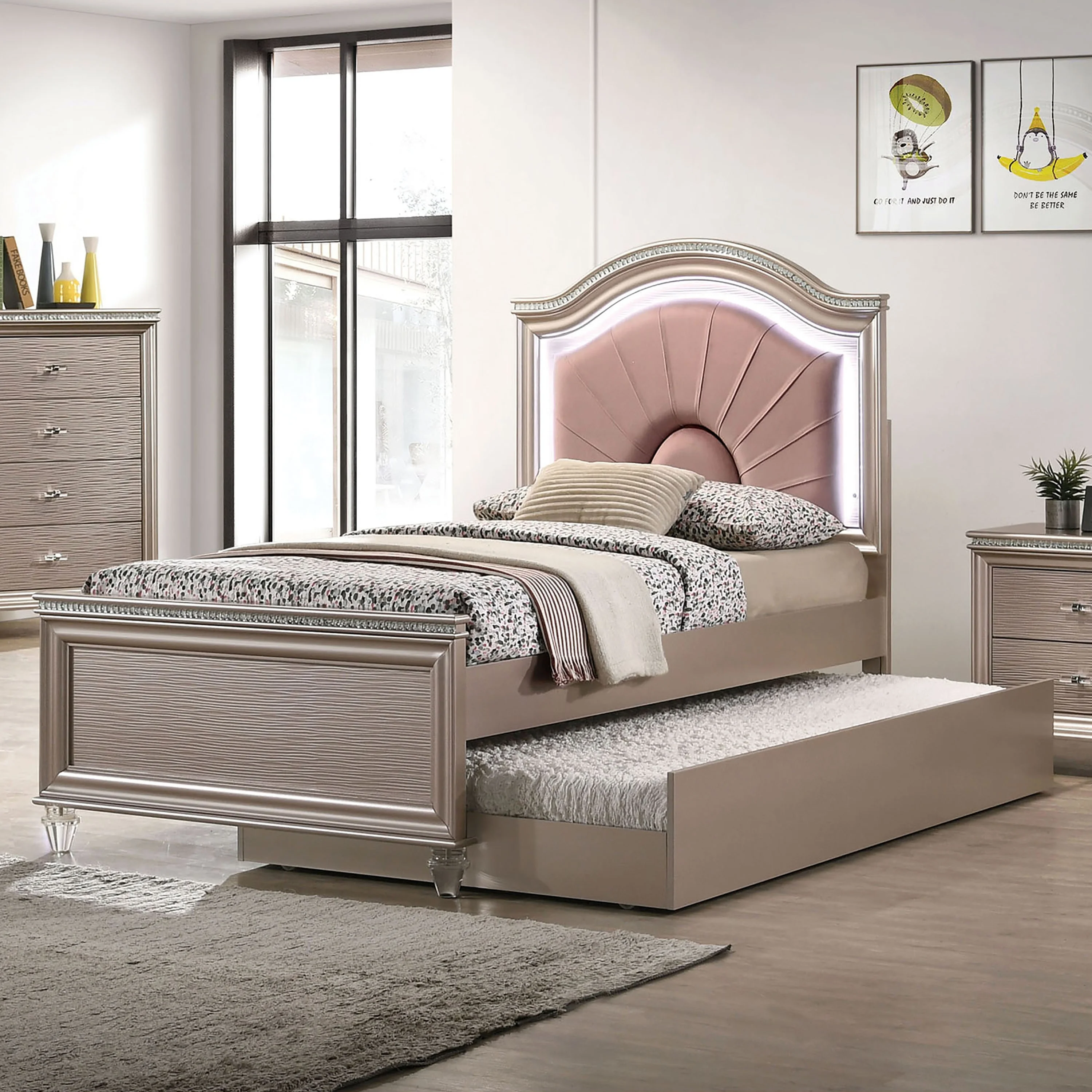 Furniture of America Ving Glam Wood LED Light Youth Panel Bed with Trundle by Rose Gold Twin