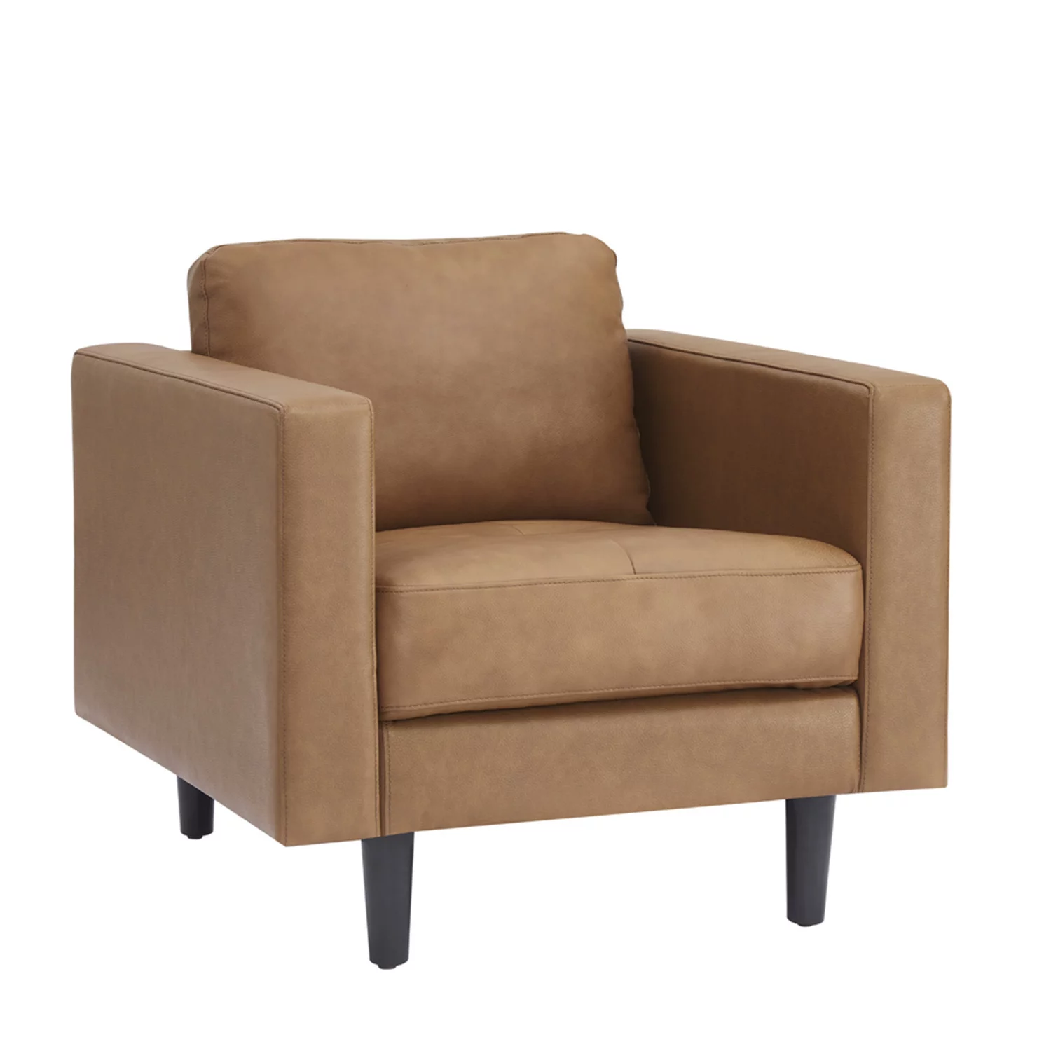 Modern Tight Back Upholstered Top Grain Genuine Leather Accent Chair, Single Sofa Chair with Armrest for Living Room, Apartment, Small Spaces, Leather, Tan