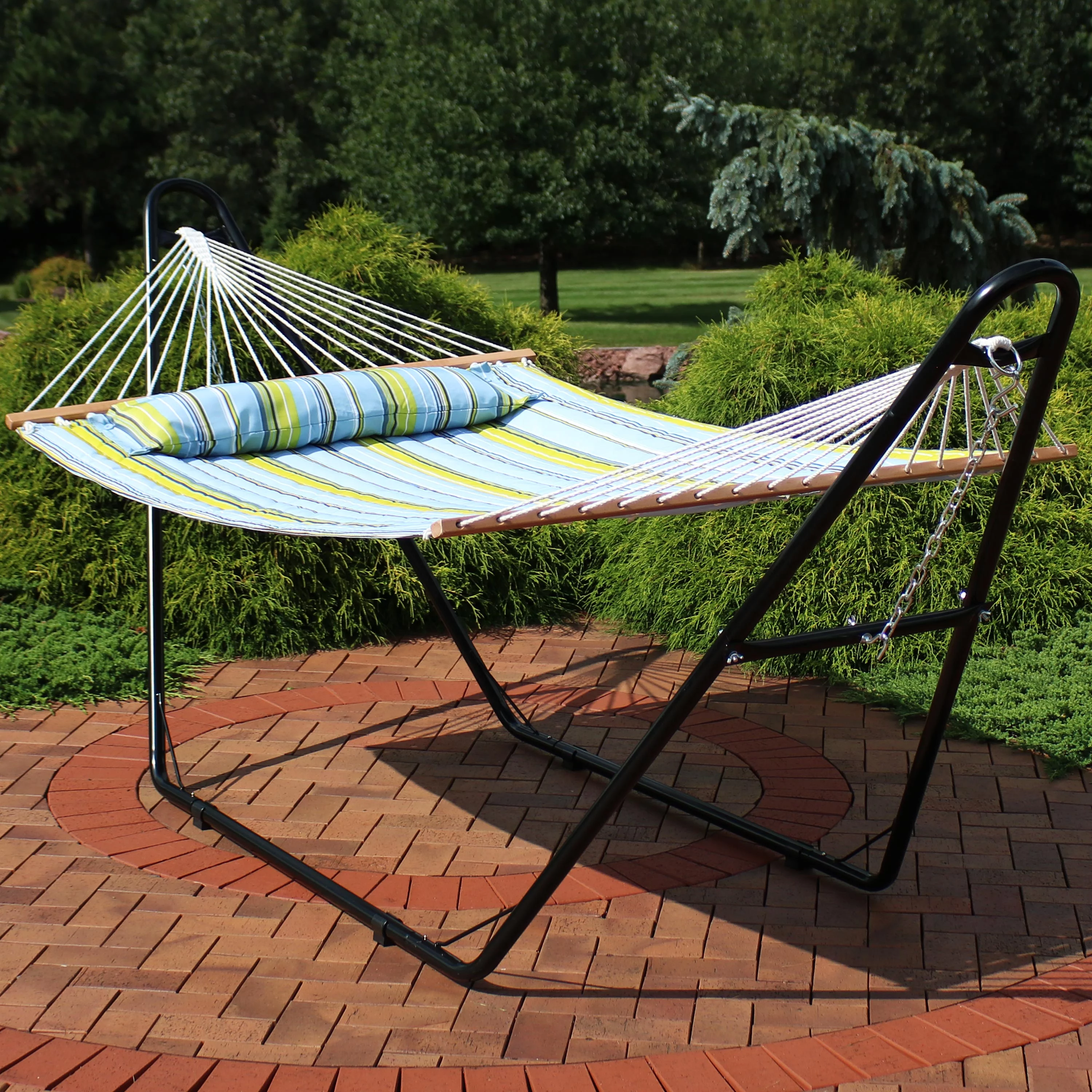 Sunnydaze Quilted 2-Person Hammock with Multi-Use Universal Stand - Blue Green Stripe