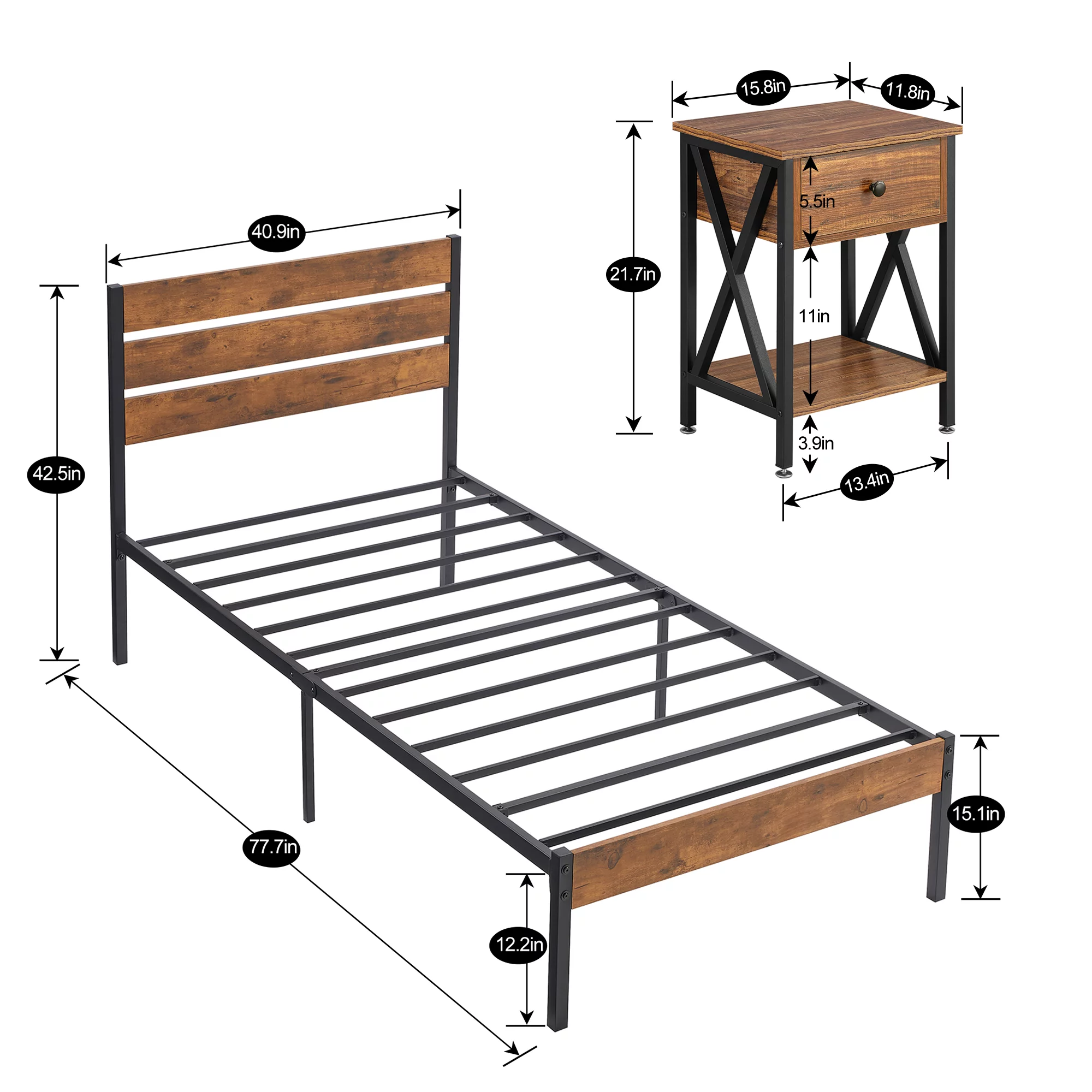 VECELO 3-piece Bedroom Set, Metal & Wood Platform Bed with Set of 2 Nightstand, Twin Size