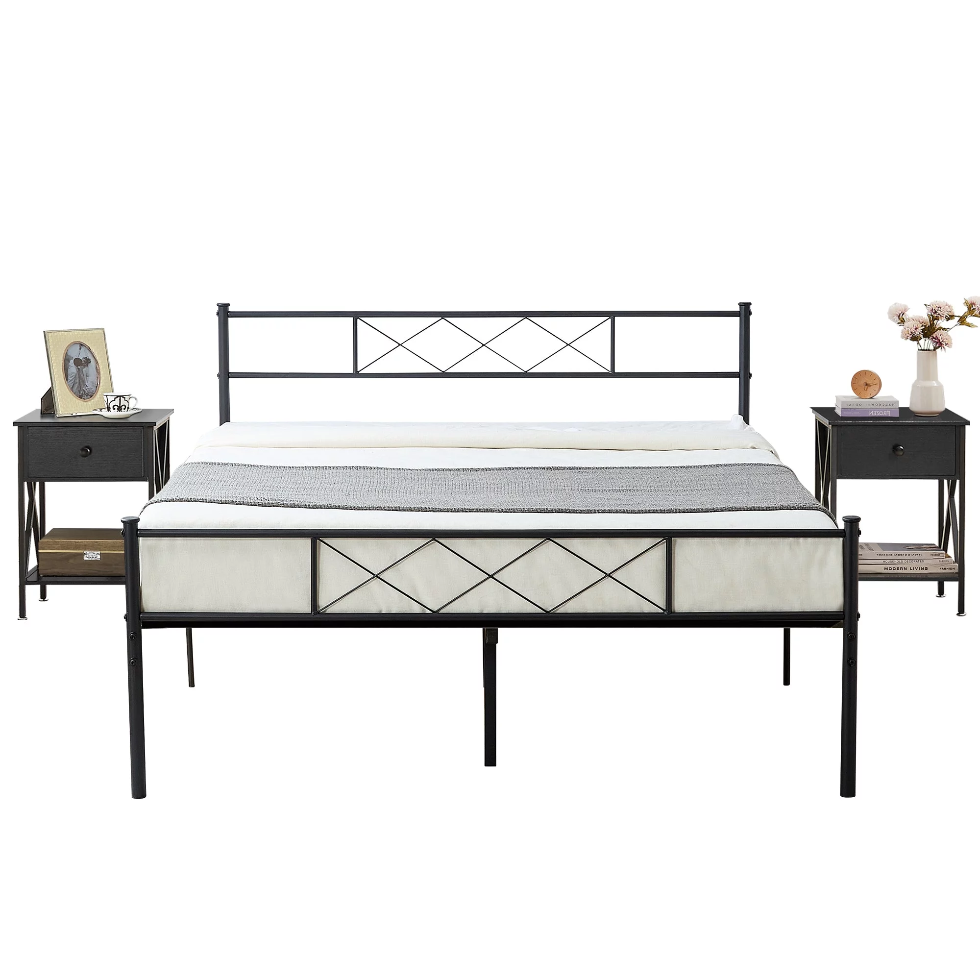 Modern 3-piece Bedroom Set with Full Size Metal Platform Bed Frame and 2 Black Nightstands