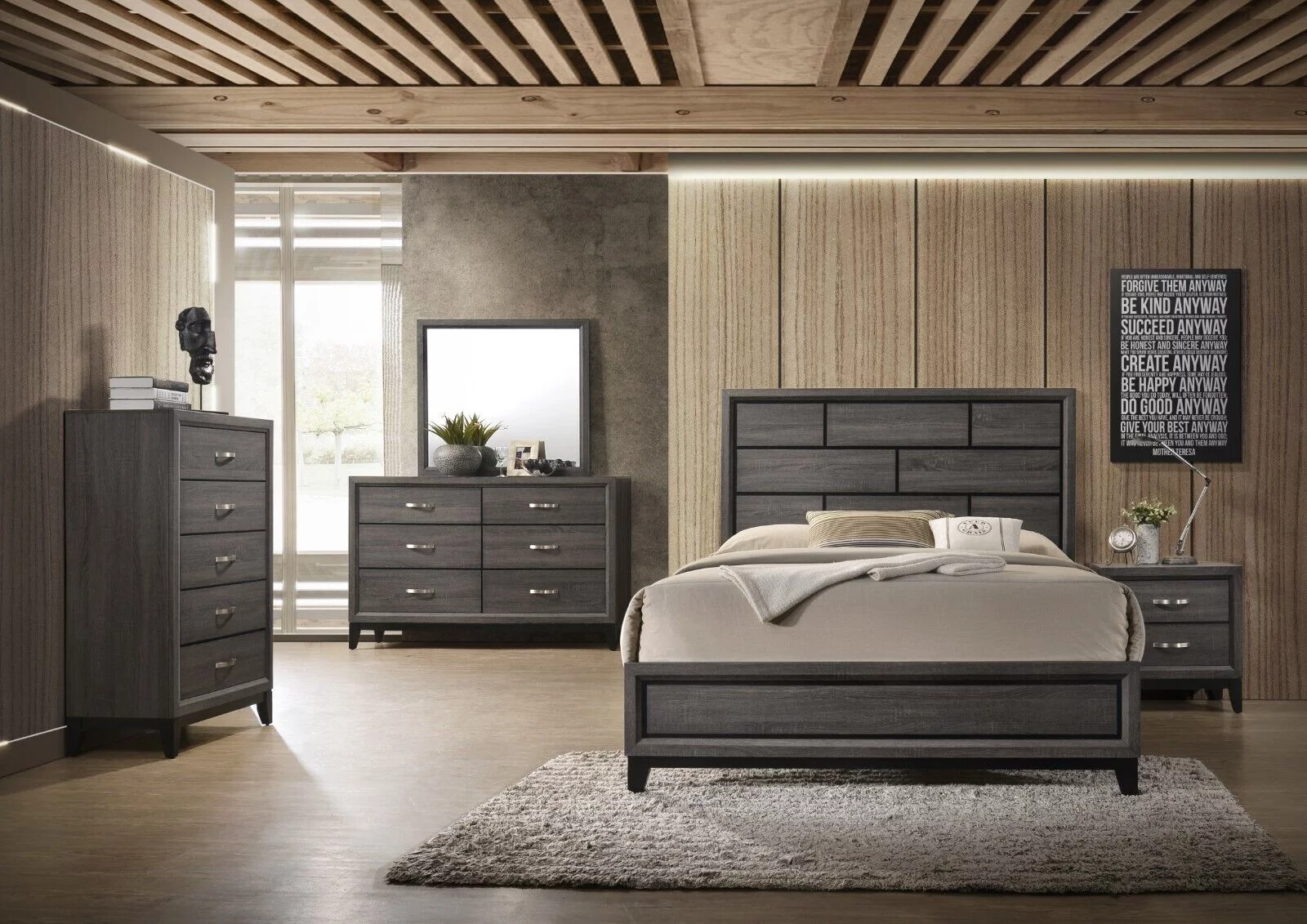 Contemporary Style 6pc Queen Size Panel Bed Dresser Mirror Chest 2x Nightstands Bedroom Furniture Set Gray Finish