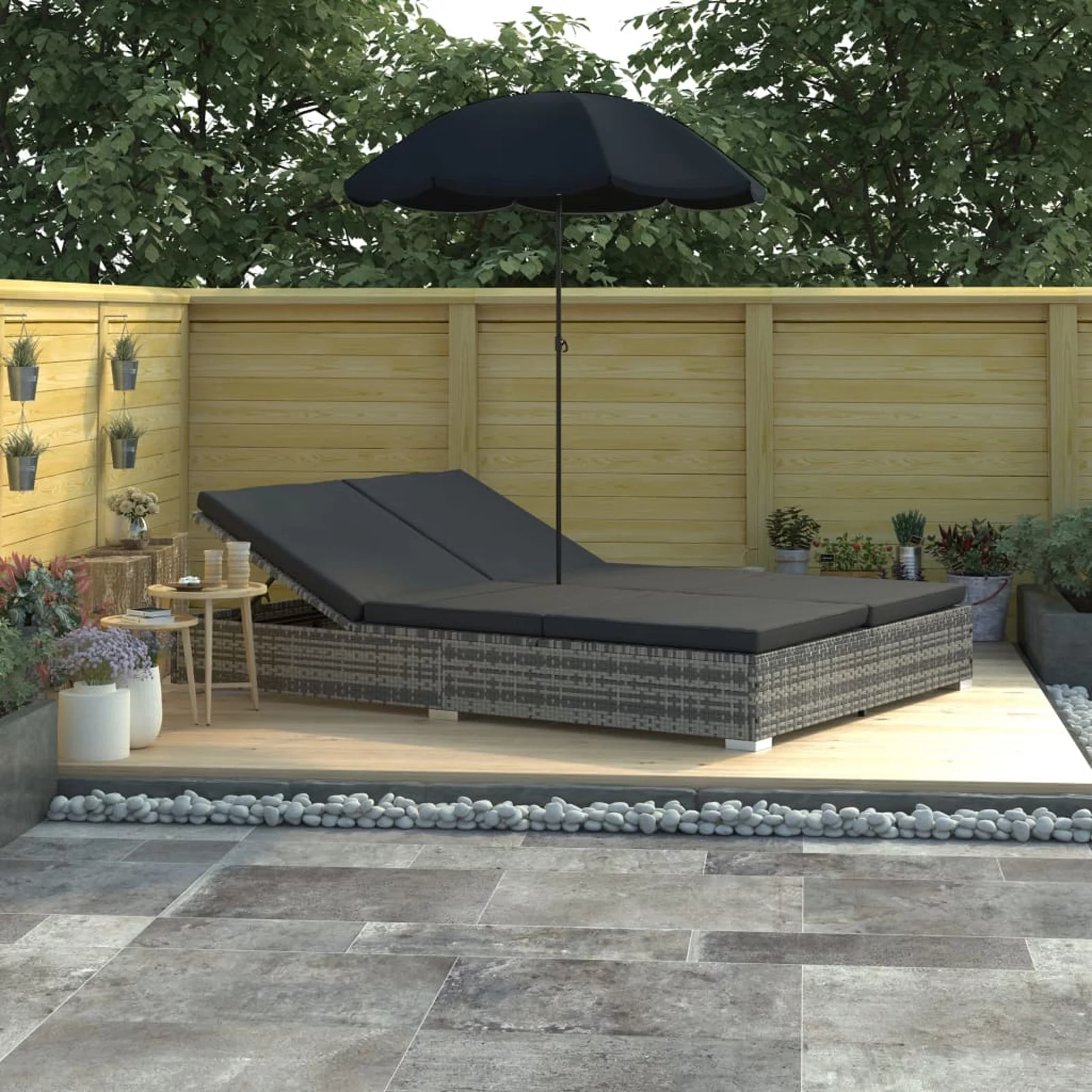 Outdoor Bed with Umbrella Poly Rattan Gray