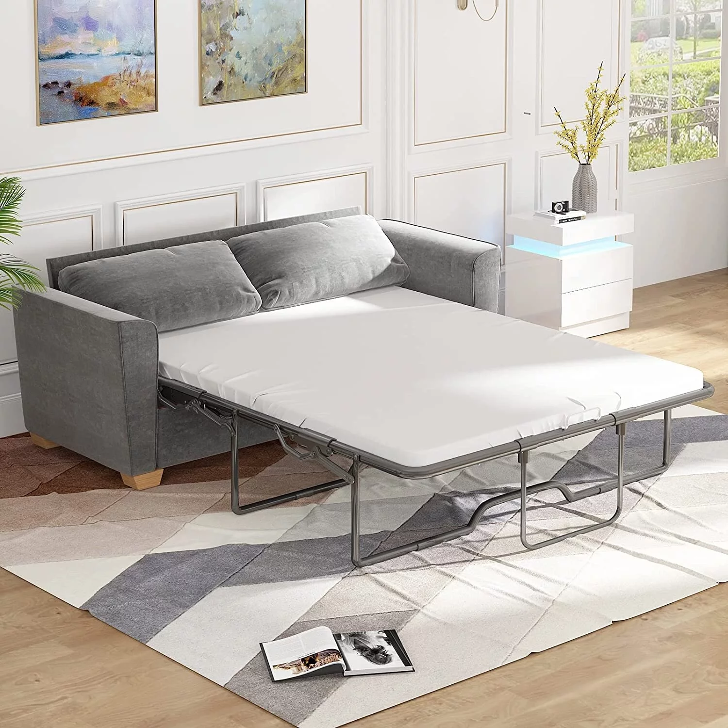 Mixoy Pull Out Sofa Bed, Velvet Sleeper Couch Bed, Modern Design with Memory Sponge Cushions as Folding Mattress for Apartment Queen - Light Grey