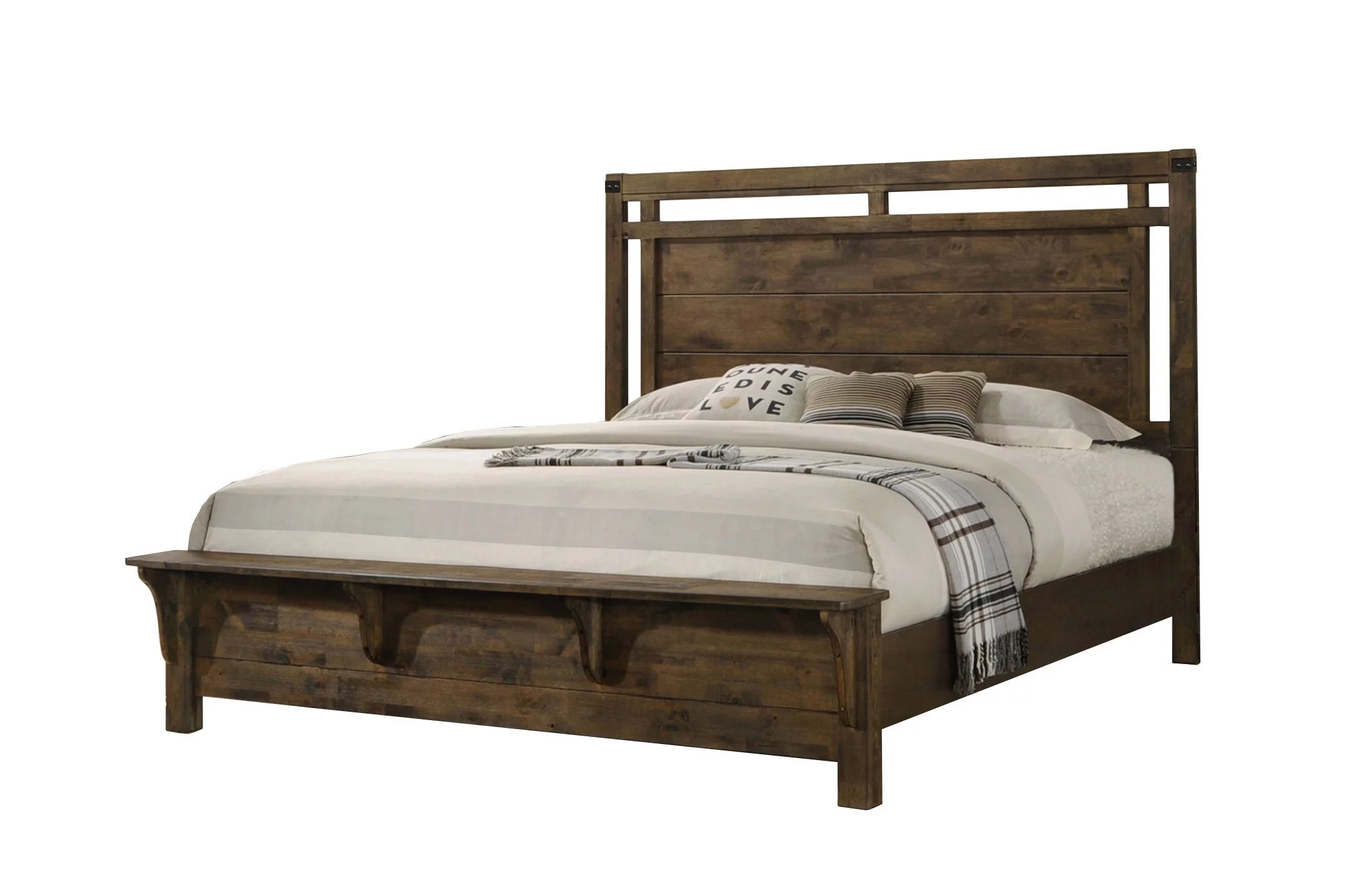 6pc Brown Rustic Finish King Size Bed Set Footboard Bench Solid Wood Adults Bedroom Esofastore