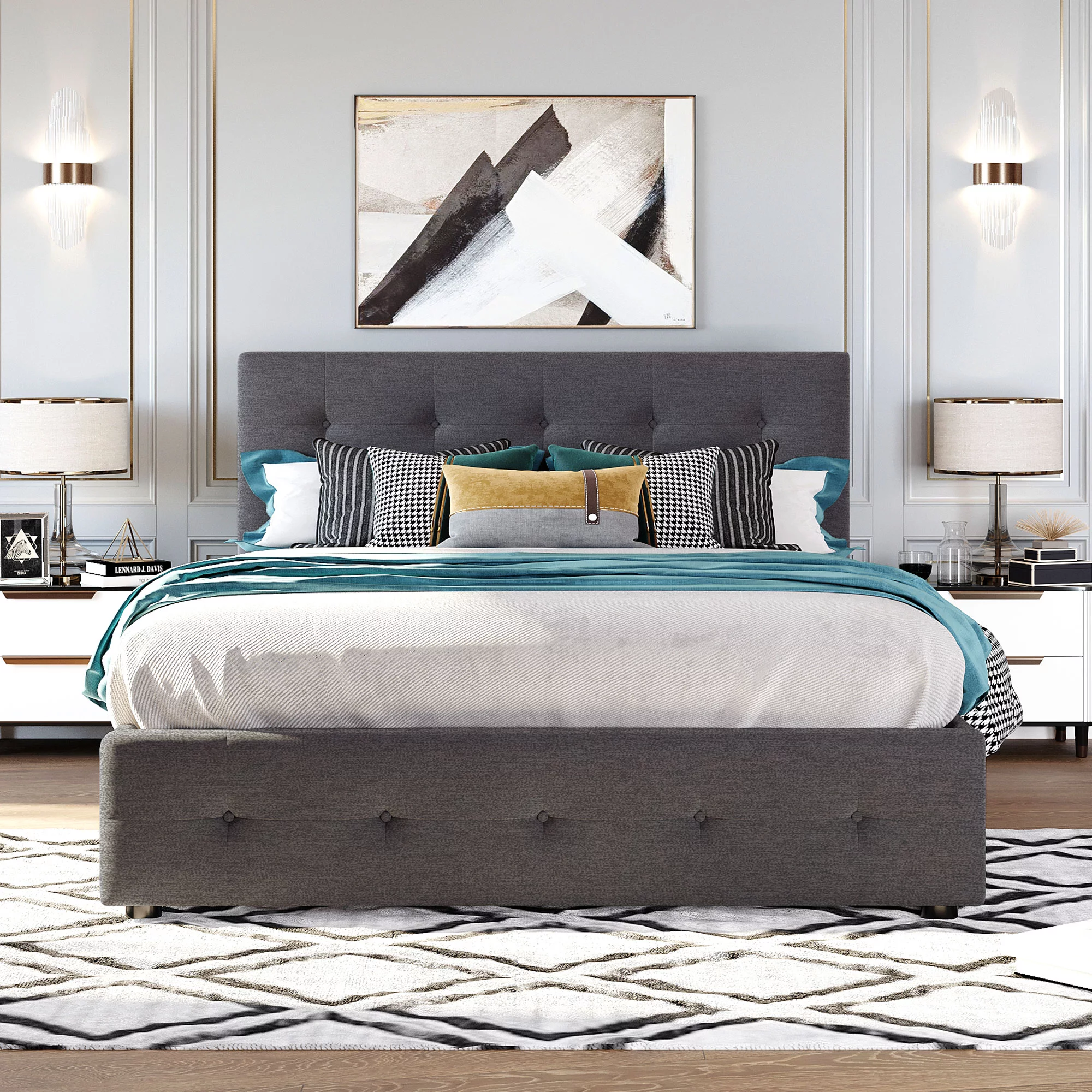 CoSoTower Upholstered Platform Bed with 2 Drawers and 1 Twin XL Trundle, Linen Fabric, Queen Size - Dark Gray