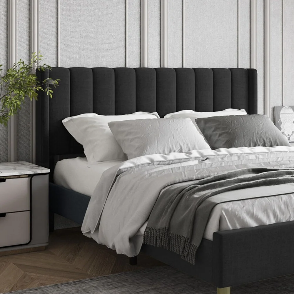Queen Size Upholstered Bed Frame with Headboard Mattress, Dark Grey