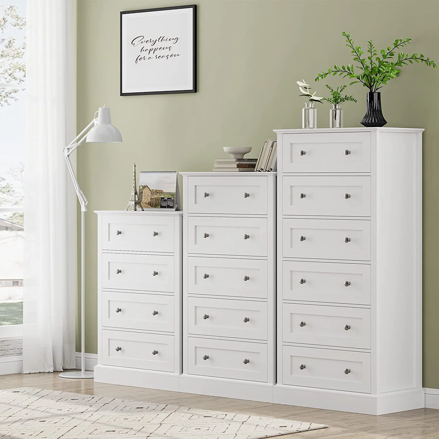 Popular 6 Drawer Dresser Tall White Dresser for Bedroom with Mental Double Handles Chest of Drawers for Clothes Storage Cabinet Hallway Living Room