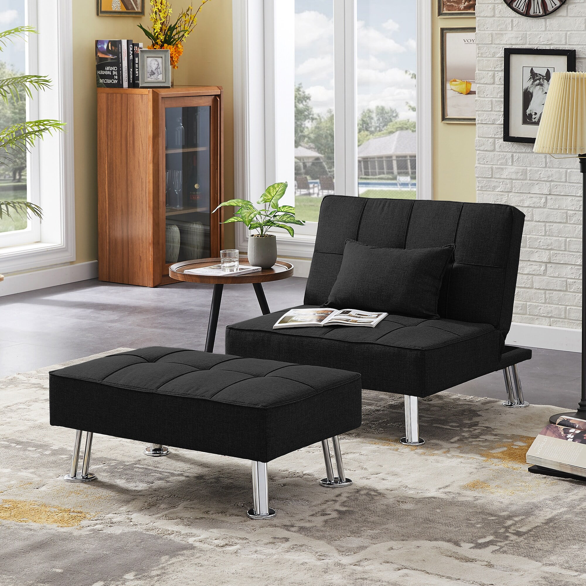 Fabric Single Sofa Bed with Ottoman , Convertible Folding Futon Chair, Lounge Chair Set Black