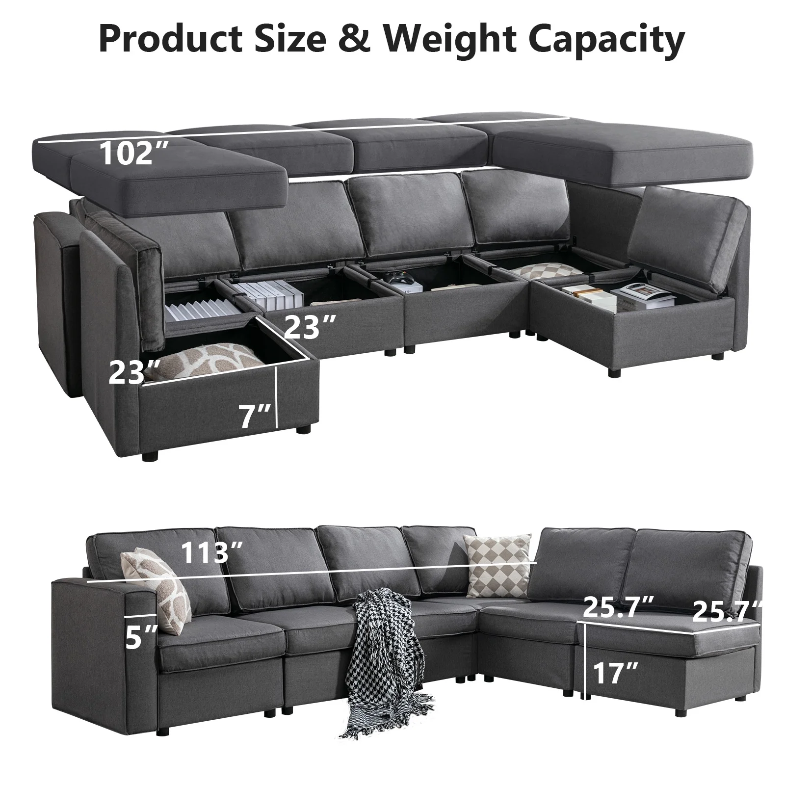 Bonzy Home U-Shaped Sectional Sofa with Storage and Reversible Chaises,Dark Grey
