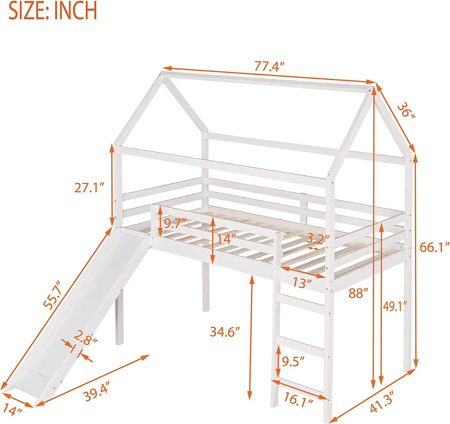 Full Size Loft Bed With Slide And Ladder, Wood House Bed Frame With Roof For Kids Boys Girls, White