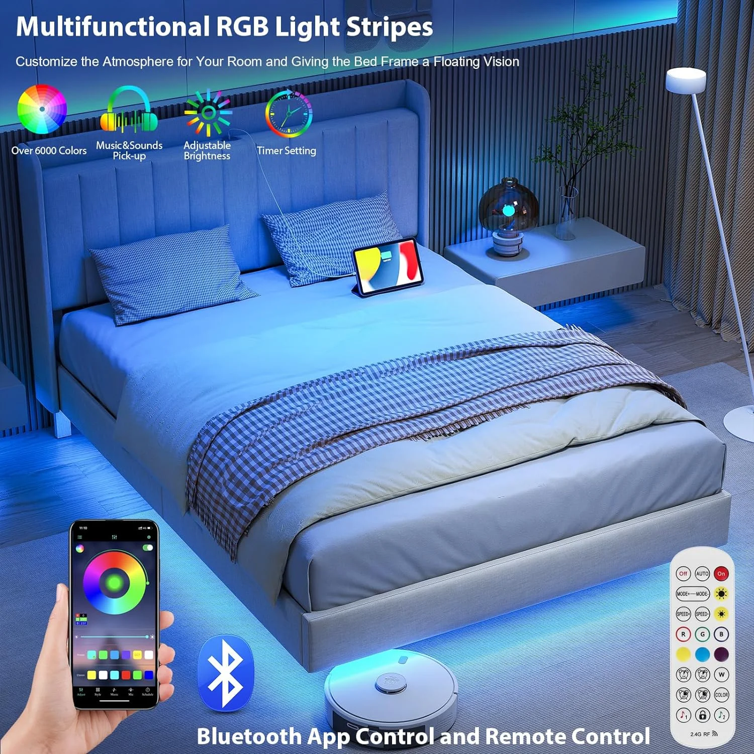 Full Size Upholstered Bed Frame, Floating Bed Frame with Wingback Storage Headboard, Type-C & USB Ports, LED Lights, Solid Wood Slats Support, No Box Spring Needed, Noise-Free, Beige