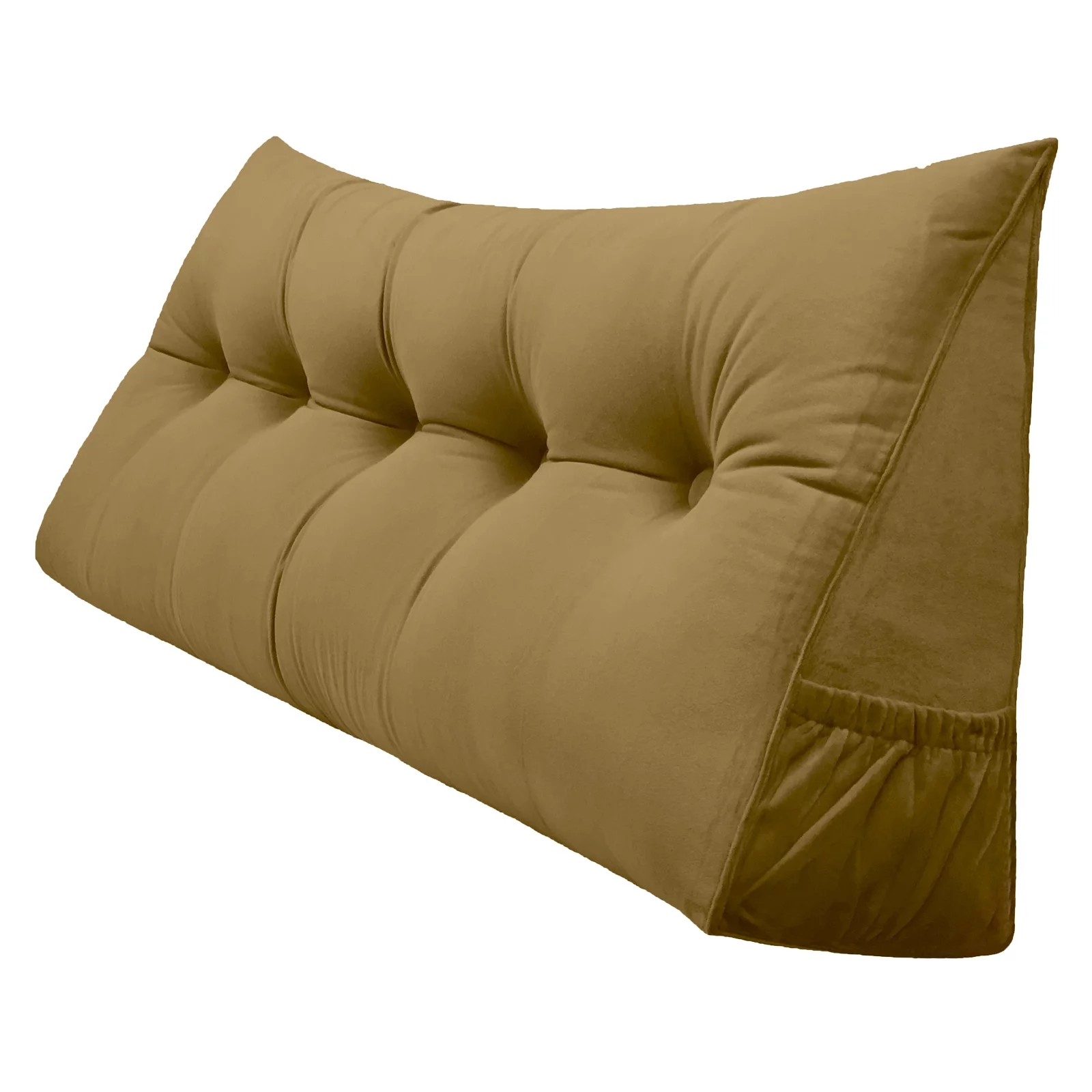 PEACHWELL Triangular Reading Bed Rest Pillow Large Bolster Cushion Headboard Backrest Wedge Pillow with Removable Cover and Two Large Side Pockets Golden Brown Queen 59 inches