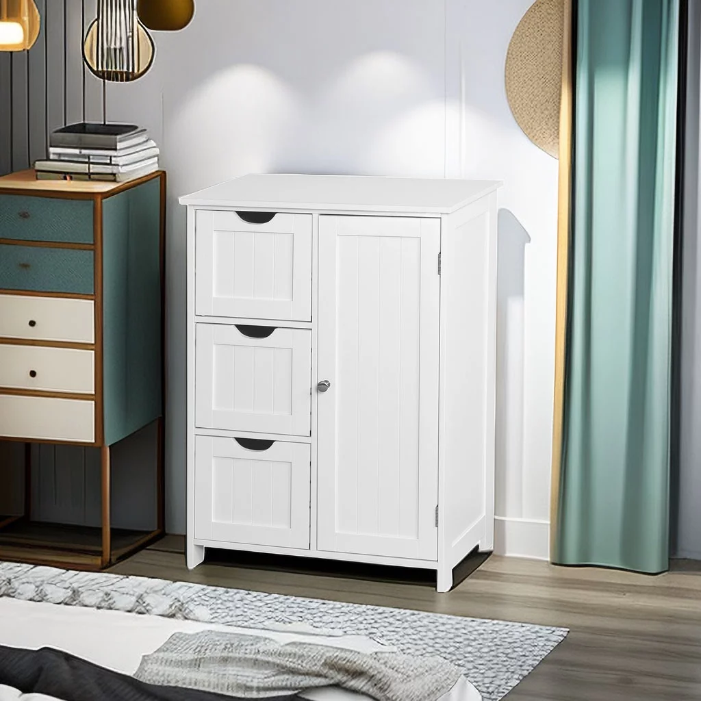 Dresser Chest with Door, Modern Chest Organizer with 3 Drawers for Bedroom, Storage Cabinet for Living Room, White Finish