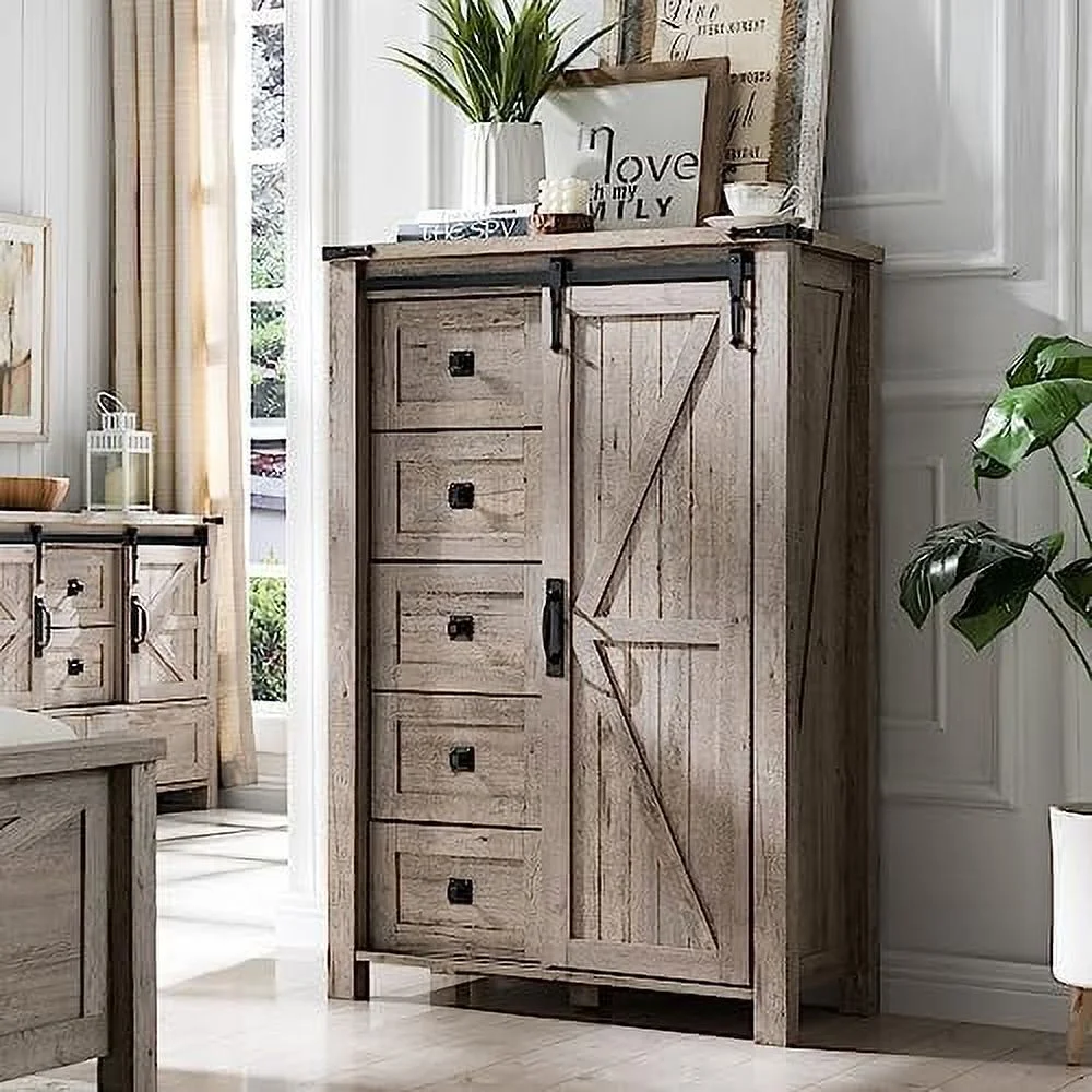 xrboomlife 48'' Farmhouse Dresser w/4 Drawers & Sliding Barn Doors Tall Chest of Drawers Rustic Dresser TV Stand w/ for Bedroom Living Room Foyer Light Rustic Oak