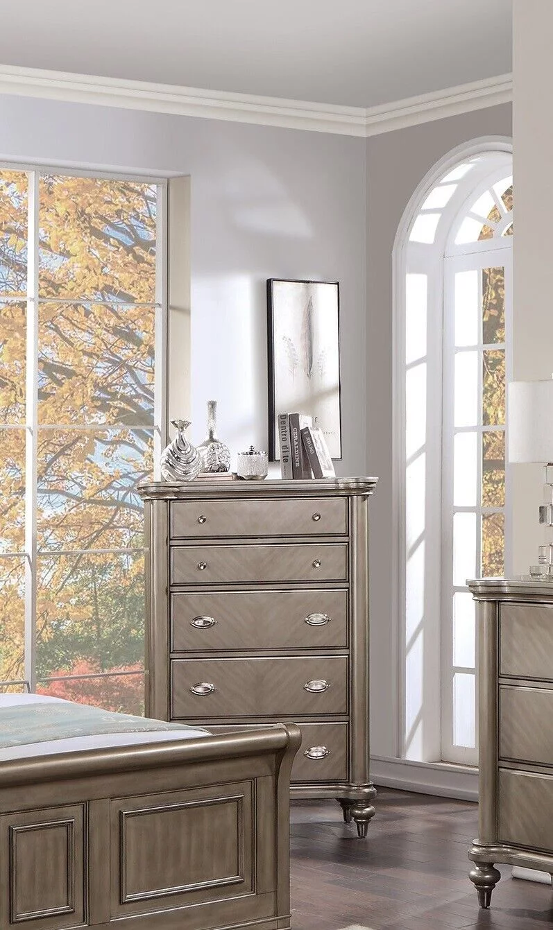 Bedroom Furniture 6pc Set Eastern King Size Bed Upholstered HB Unique FB Dresser Mirror Nightstands Chest Grey Wooden Classic
