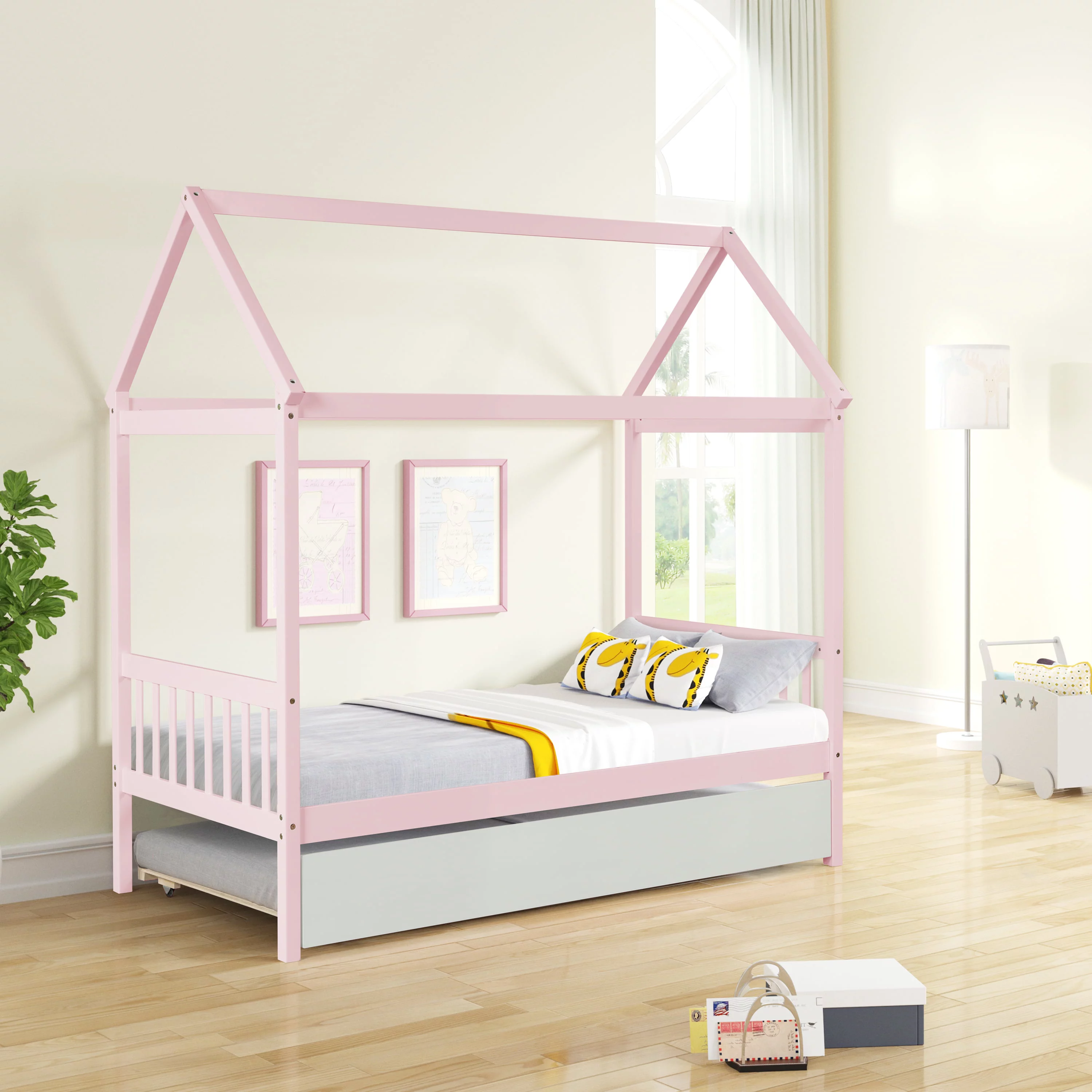Dcenta WARM PINK TWIN HOUSE BED WITH WHITE TWIN TRUNDLE