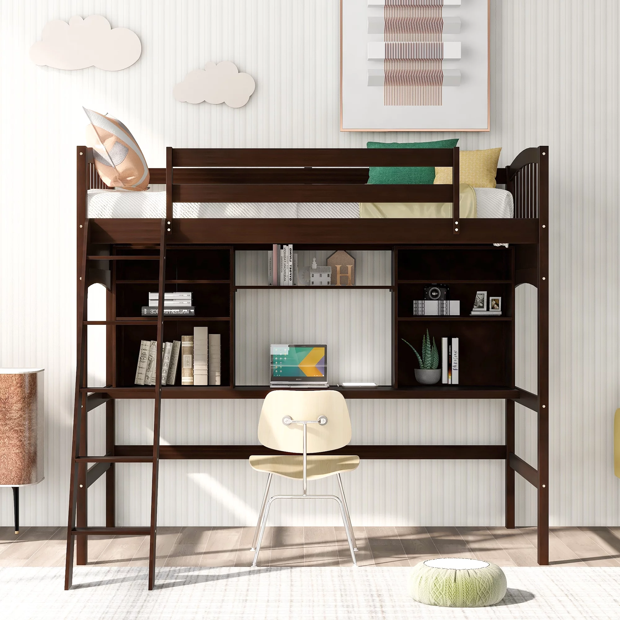 Dcenta Twin size Loft Bed with Storage Shelves, Desk and Ladder, Espresso