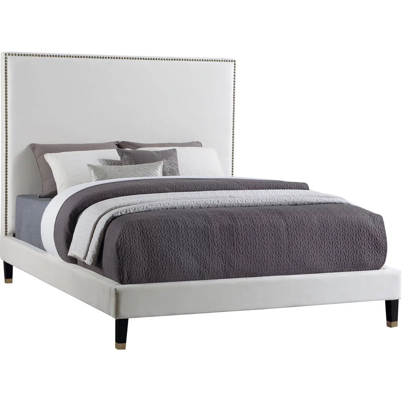 Maklaine Contemporary Upholstery Cream Velvet Queen Bed