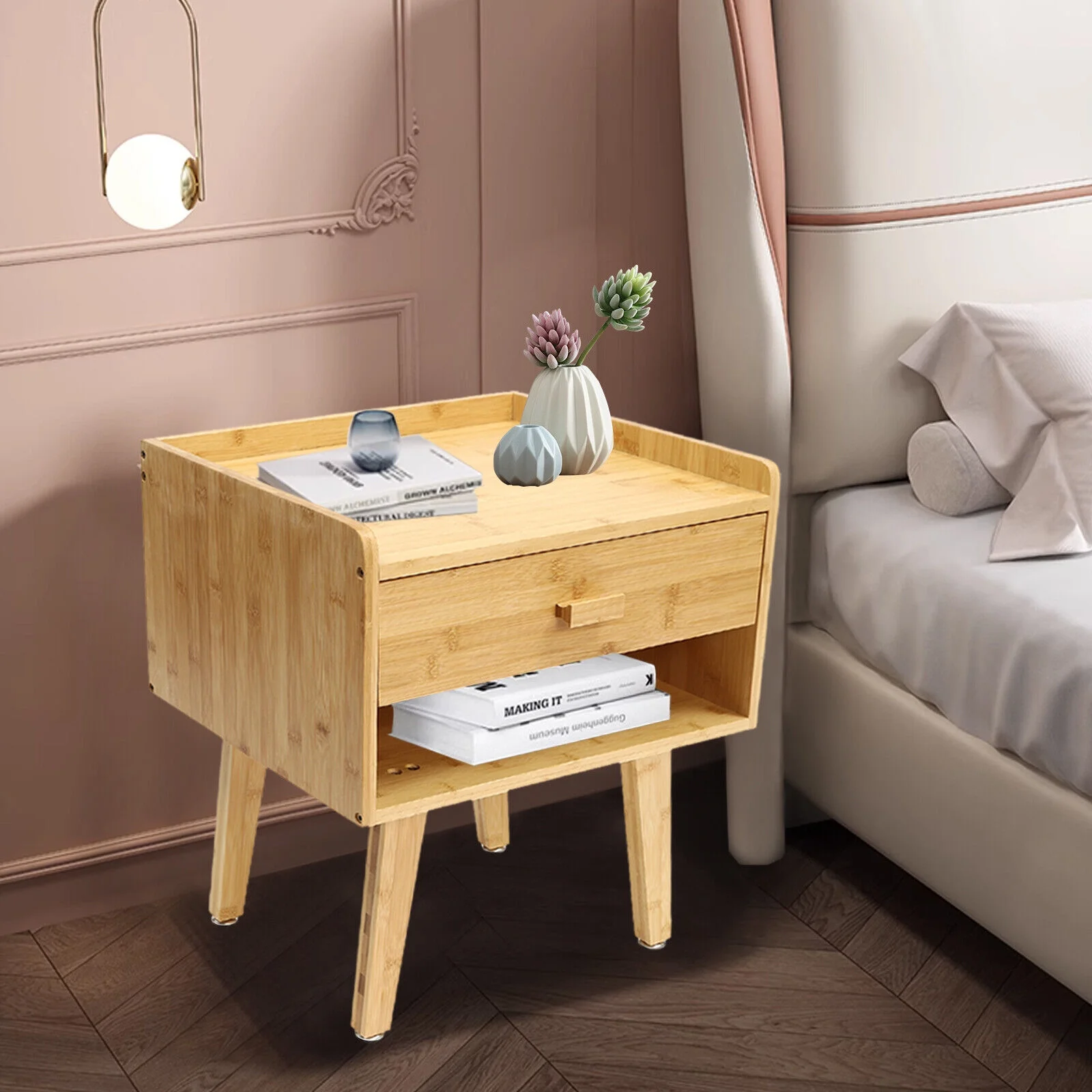 Bamboo Nightstand W/ Drawer End Side Table End Table for Bedroom Living Room