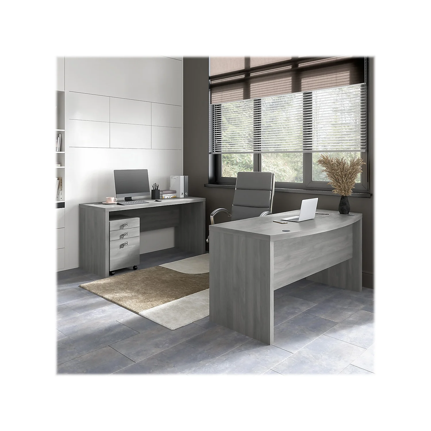Echo Bow Front Desk and Credenza w/ Drawers in Modern Gray - Engineered Wood