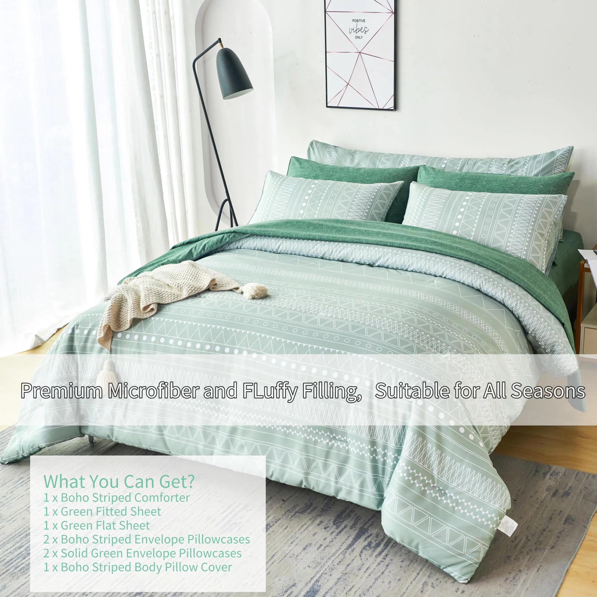 RYNGHIPY Striped Boho Bed Comforter Set Queen Size Sage Green, 8Pcs Geometric Bohemian Bed in a Bag Down Alternative Comforter Bedding Set (Sage Green,Queen Size)