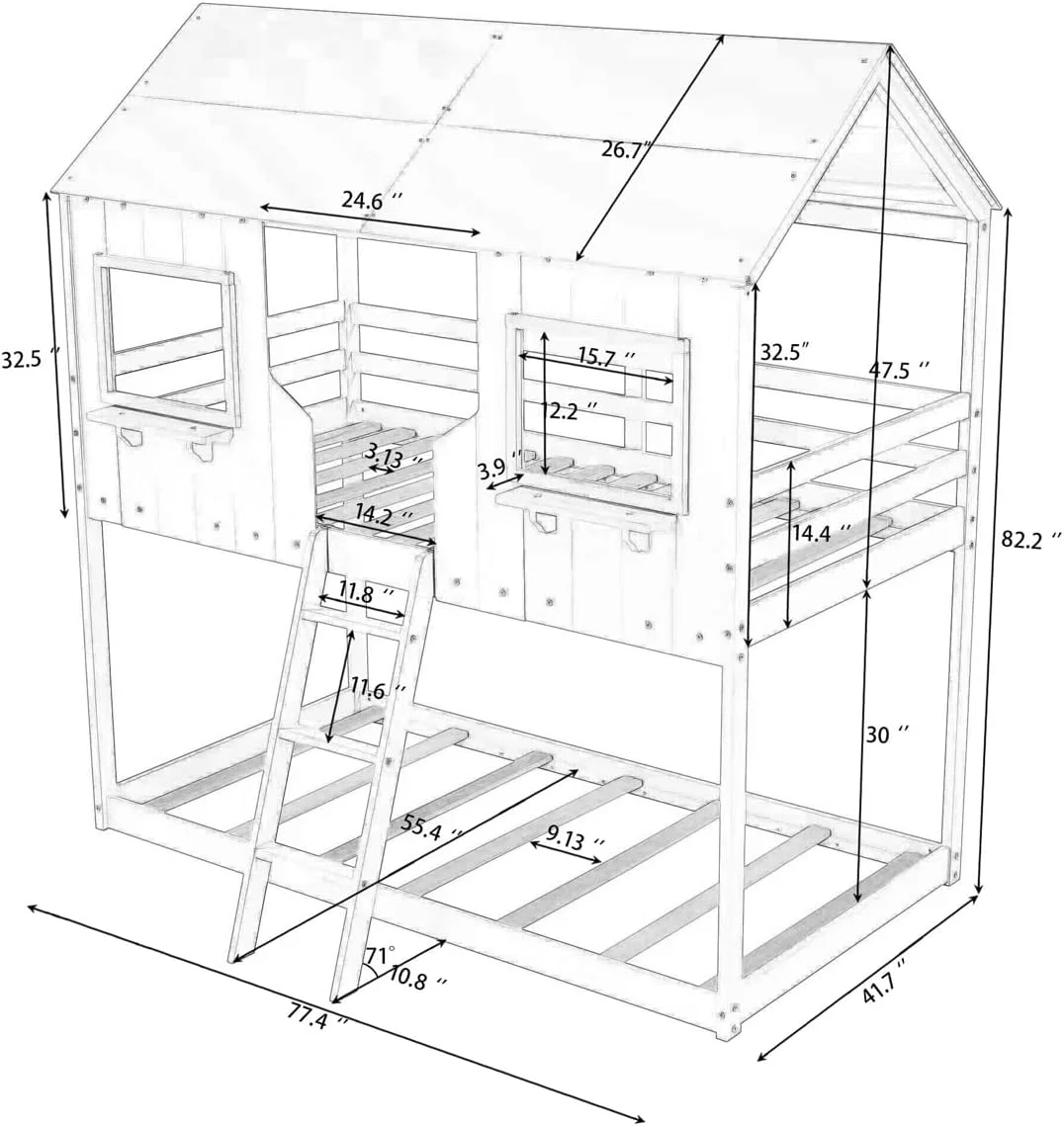 House Bunk Bed Over , Kids Bunk Beds With Roof And Windows, Wood Low Bunk Beds For Girls Boys,No Box Spring Needed,Grey