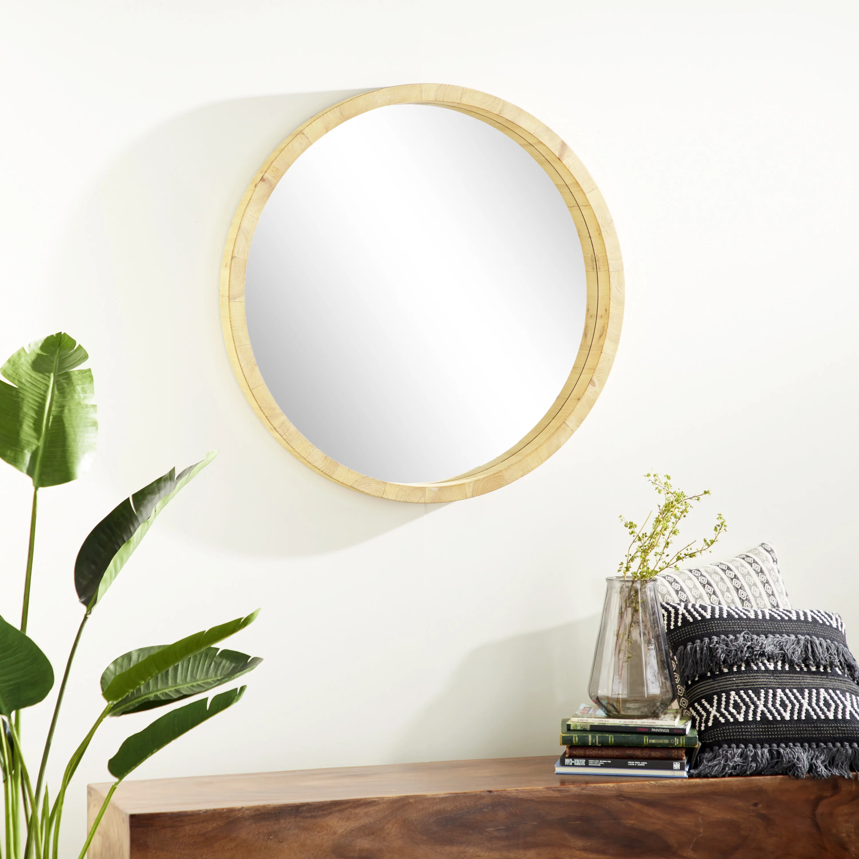 DecMode Contemporary Round Decorative Wall Mirror with Natural Brown Finish, 40