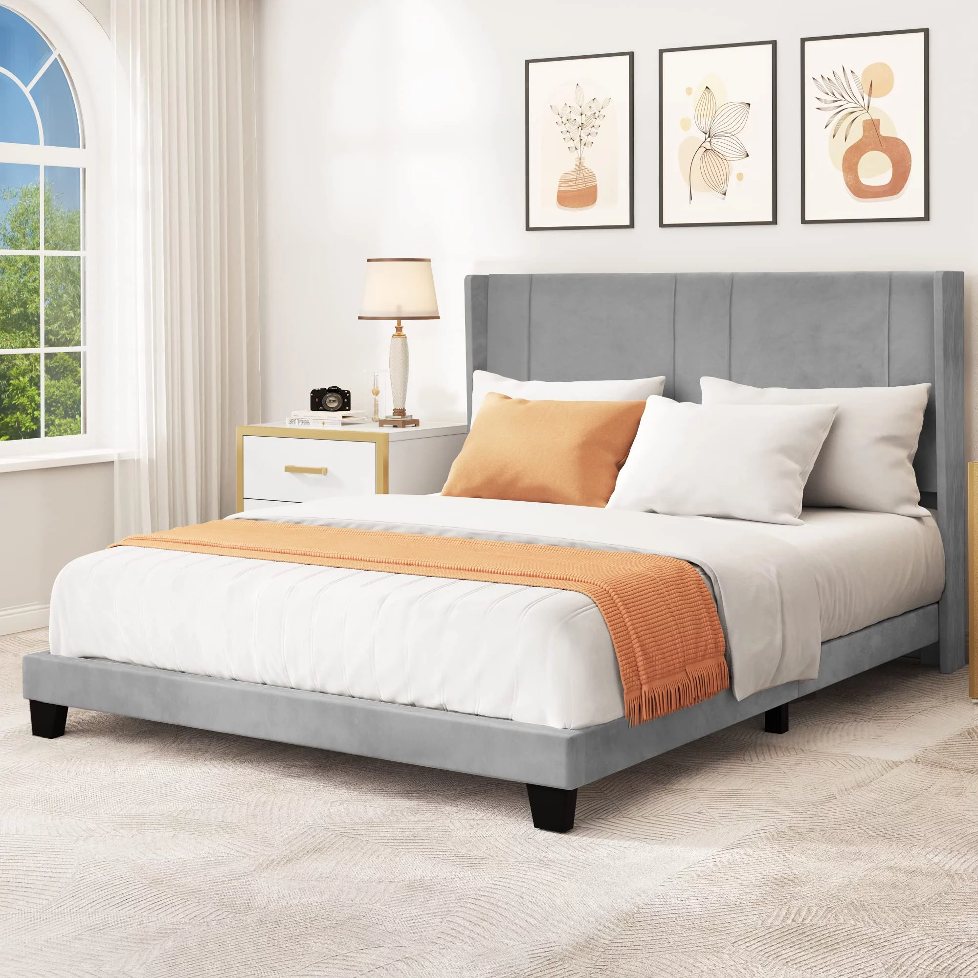 Dextrus Upholstered Wingback Platform Bed with Headboard, Bed Frame with Wood Slat, No Box Spring Needed, Mattress Foundation (Queen), Grey