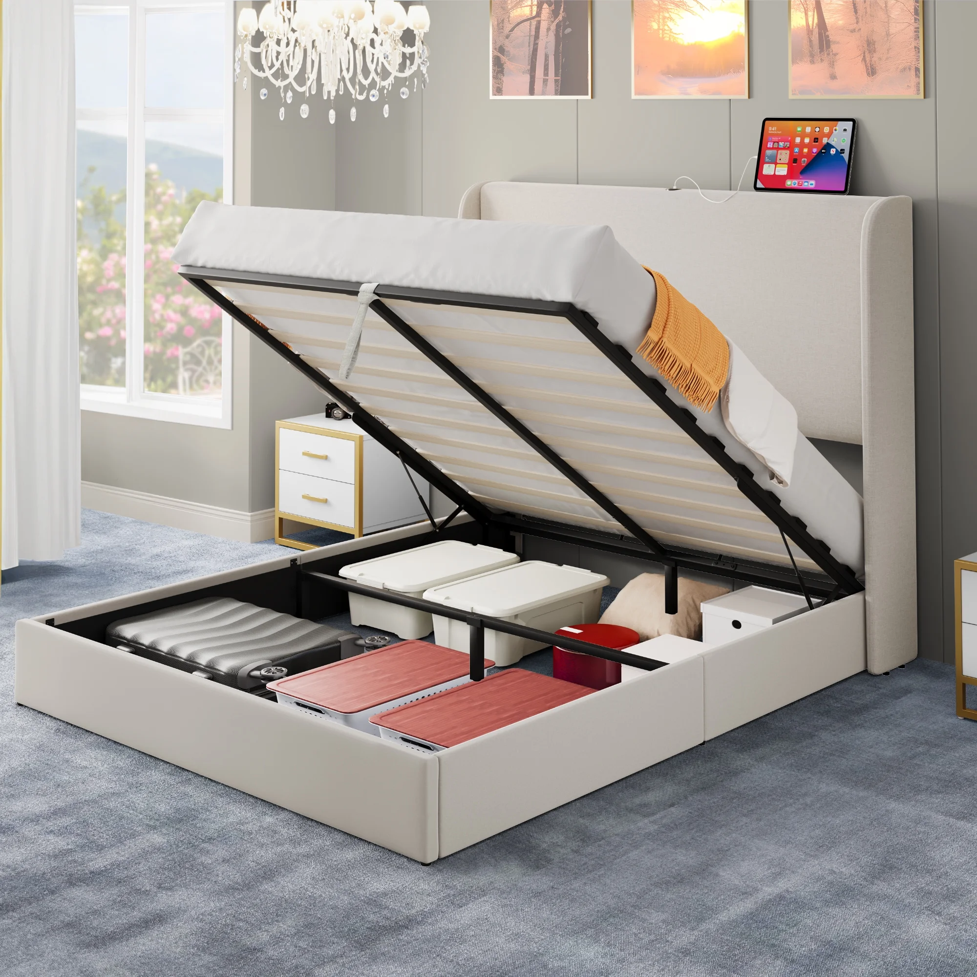 Dextrus King Size Lift-Up Storage Bed with Charging Station and 50.4
