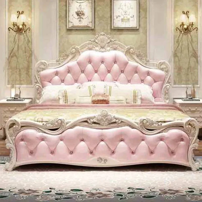 Girl Luxury Aesthetic Double Bed Under Storage King Bedroom Double Bed Modern Wood Leather Letto Matrimoniale Room Furniture