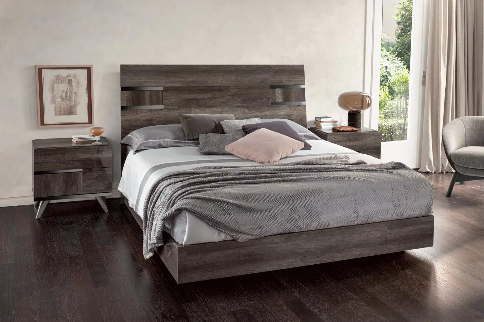 Vintage Oak Gloss Finish King Bedroom Set 5 Pcs Made in Italy Soflex Medea