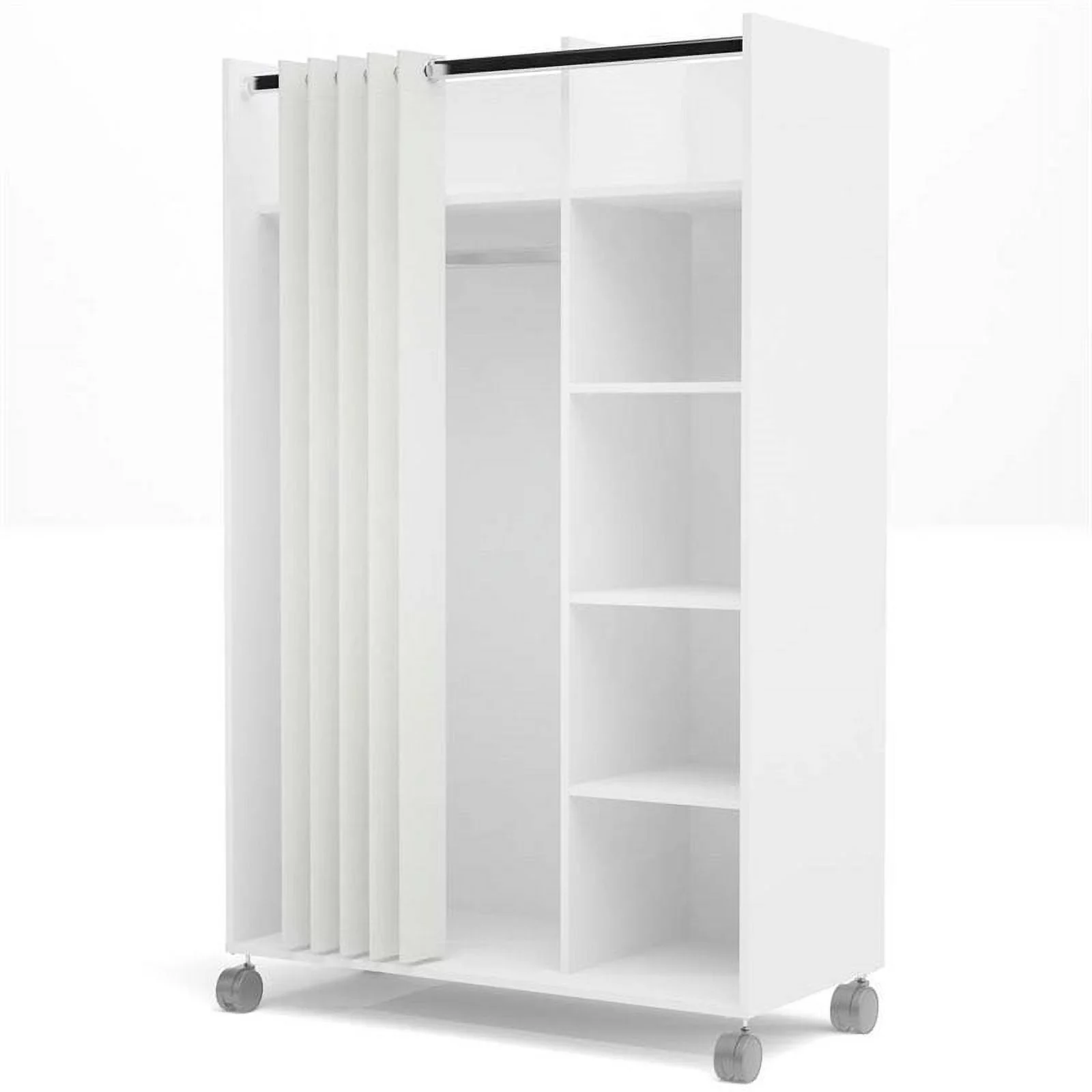 Atlin Designs Mobile Wardrobe Armoire with Curtain and Storage Cubbies in White