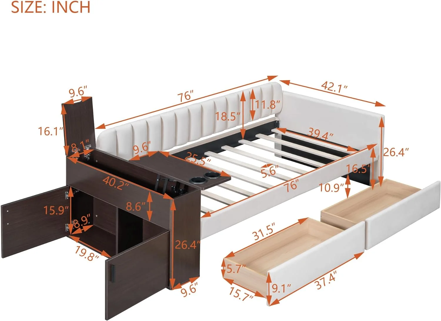 Size Upholstered Daybed With Chargig Statio Ad Storage Armrest Ad 2 Drawers, Multi-Fuctioal Velvet Daybed With Cup Holder Ad A Set Of USB Ports Ad Sockets For Livig Room Bedroom, Beige