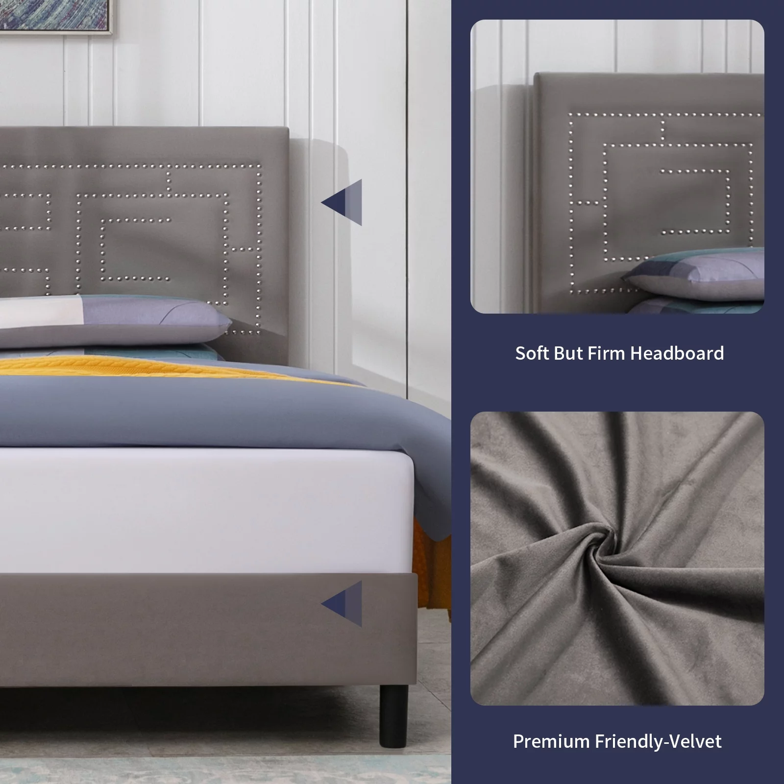 ZAFLY King Size Upholstered Bed Frame, Shiny Nailhead Platform Bed Frame with Adjustable Headboard, Upholstery Platform Bed Frames with Wood Slat Support for Bedroom, Light Grey