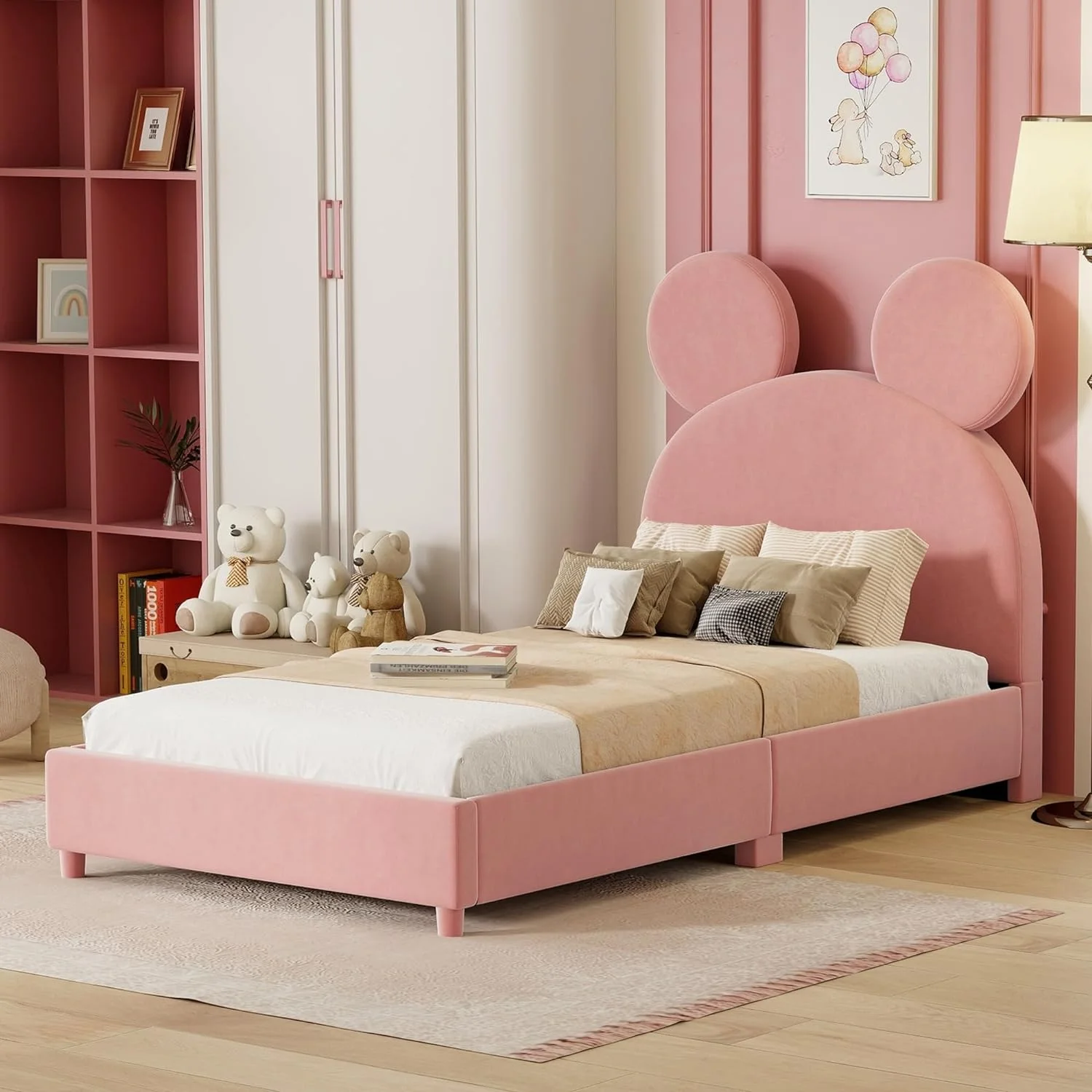 Size Velve Upholsered Plaform Bed Wih Bear Ear Shaped Headboard, Low Bed Frame For Bedroom,Pik