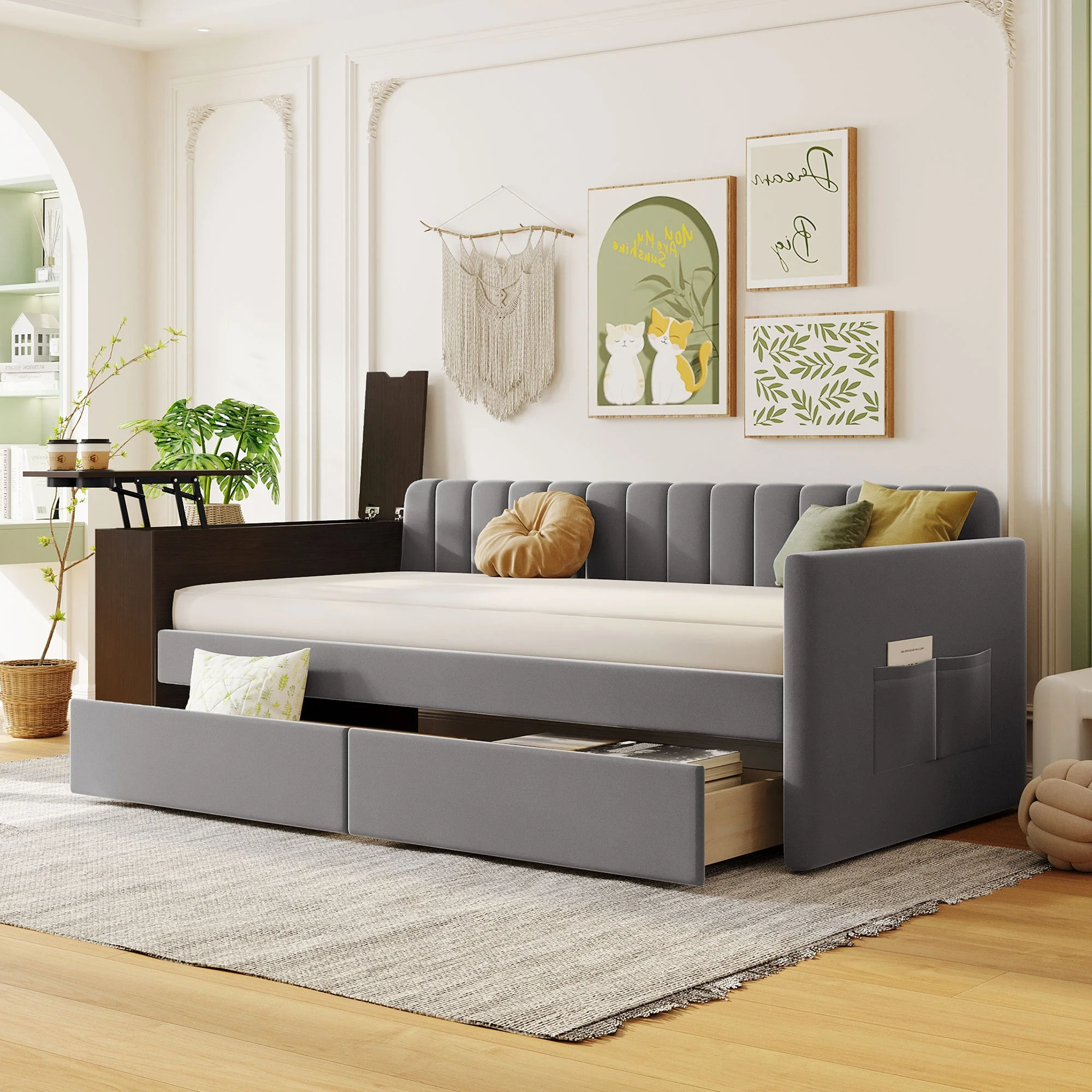 Jovi Twin Size Upholstered Daybed with Storage Armrest and Drawers - Gray