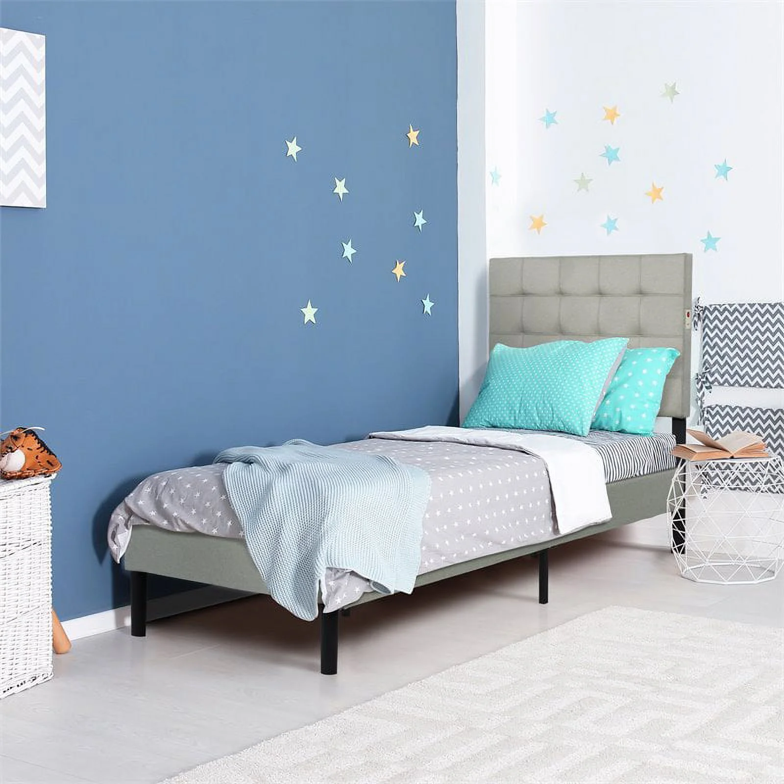 Pemberly Row Modern Fabric Tufted Twin LED Panel Bed in Gray