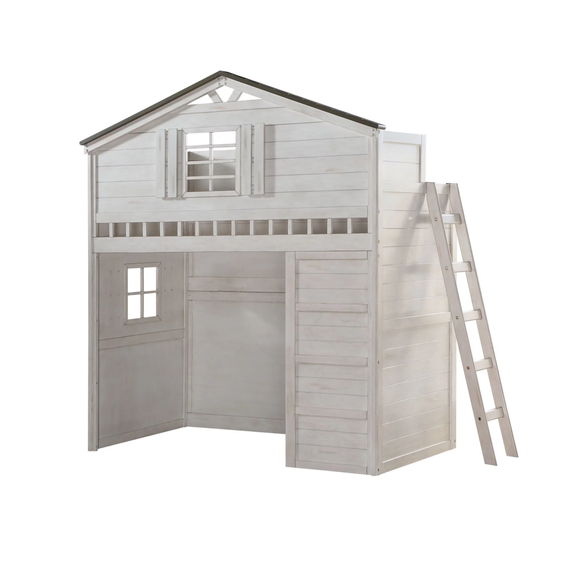 Wooden Tree House Design Twin Size Loft Bed with Desk, White and Gray