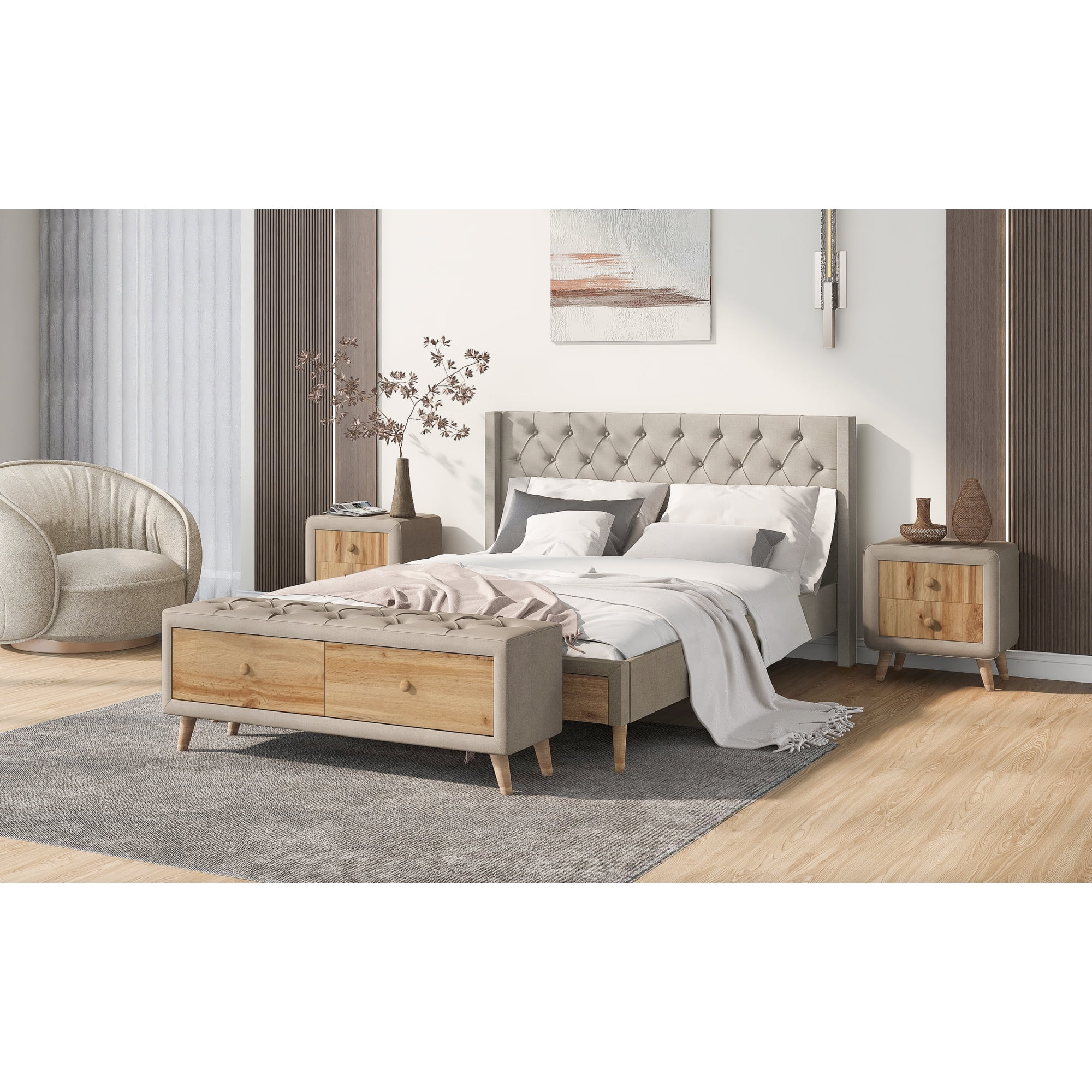 4-Pieces Bedroom Sets Queen Size Upholstered Platform Bed with Two Nightstands and Storage Bench-Beige