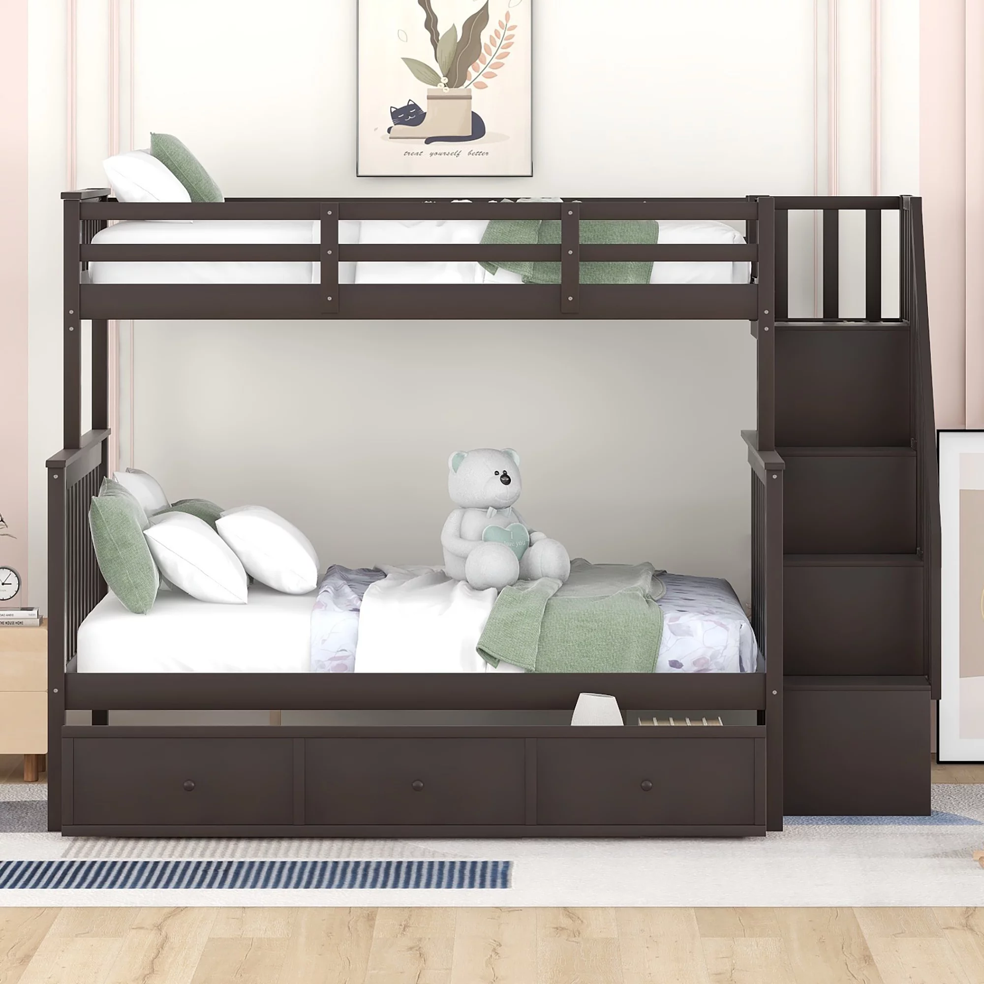 Bellemave Twin Over Full Bunk Beds with Stairs, Wood Bunk Bed Frame with Storage Drawers and Open Shelves, for Kids, Teens, Adults, Espresso