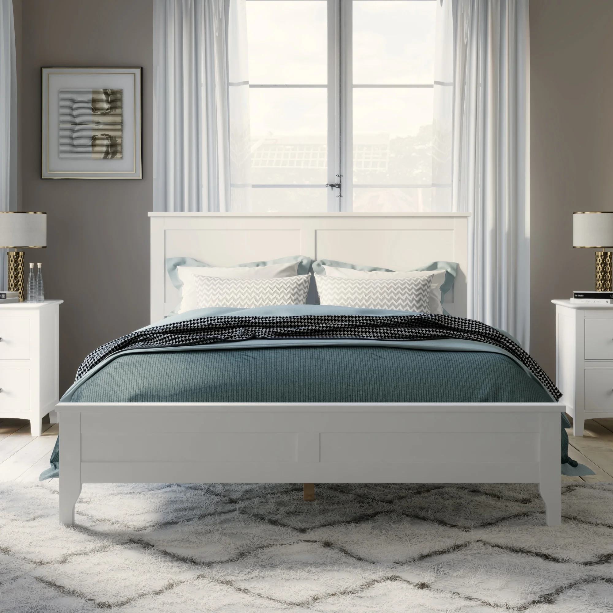 Pine Wood Platform Bed Frame with Headboard, Solid Wood Slats Support White - King