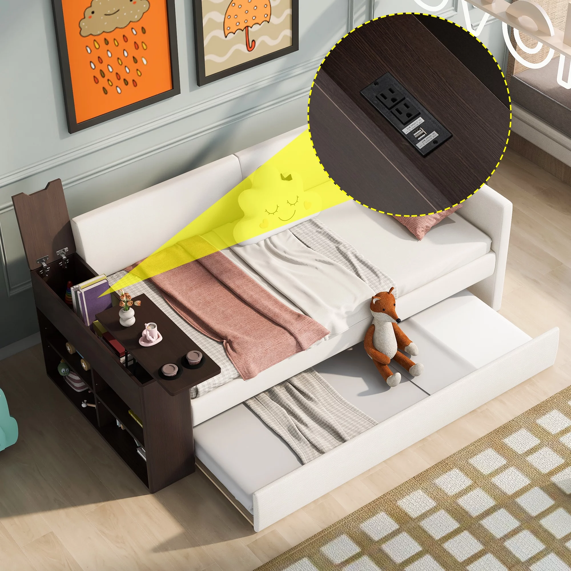CoSoTower Twin Size Upholstery Daybed with Storage Arm, Trundle, Cup Holder and USB Design, Beige